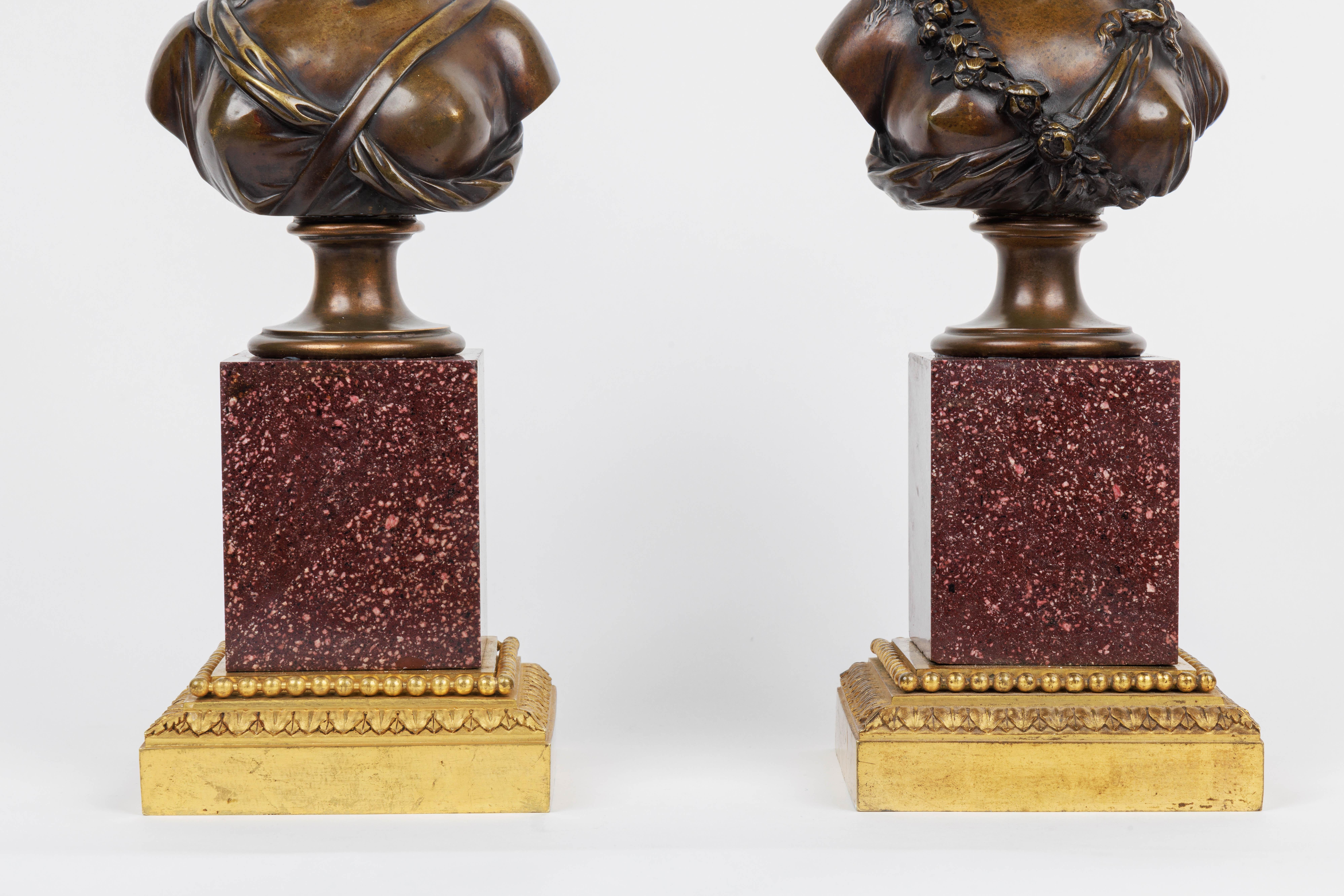 Napoleon III Pair of French Ormolu and Patinated Bronze Figural Busts on Porphyry Bases For Sale