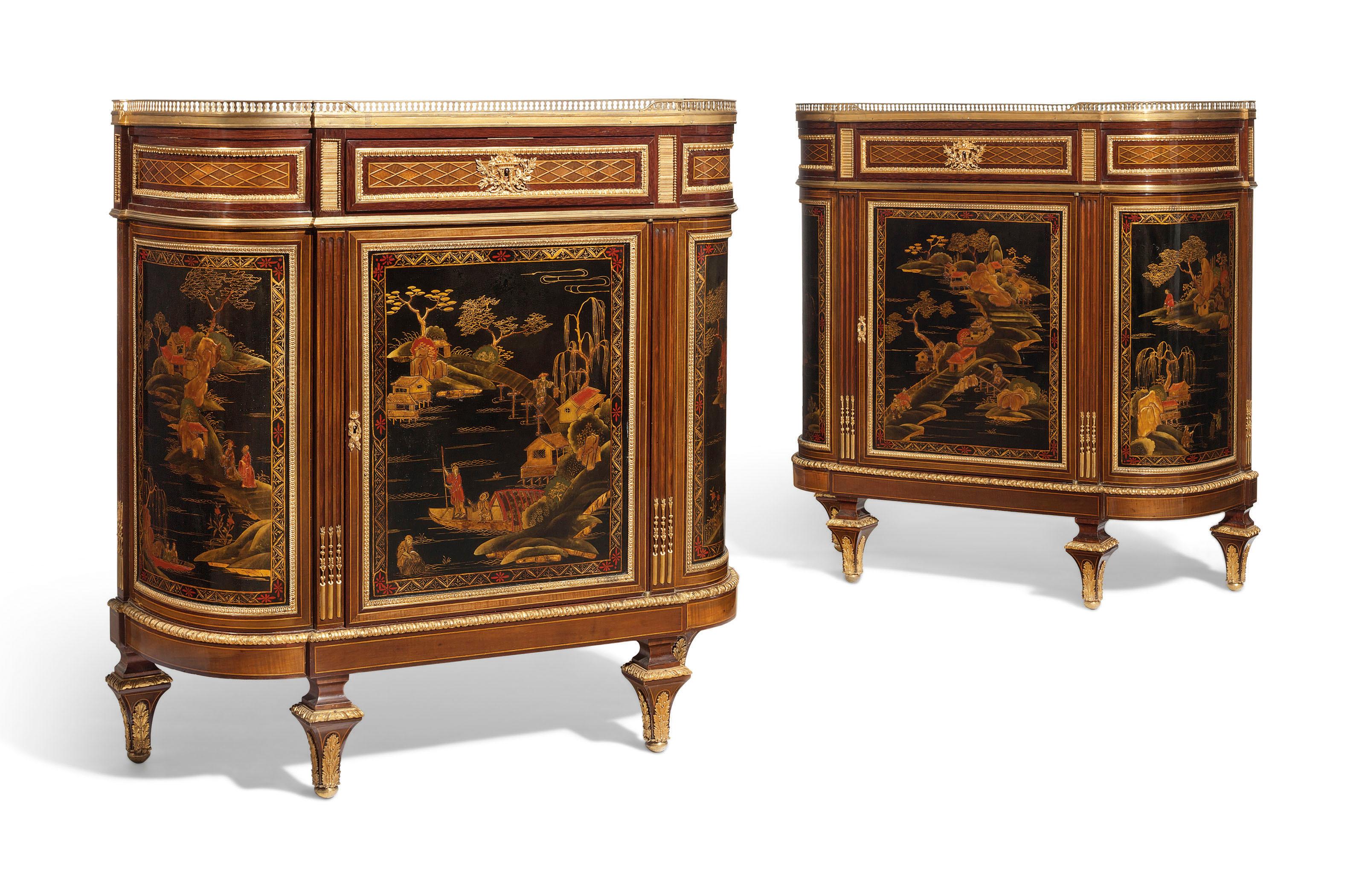 A PAIR OF FRENCH ORMOLU AND GILT-LACQUER-MOUNTED AMARANTH, BOIS SATINÉ AND PARQUETRY SIDE CABINETS
OF Louis XVI STYLE, LAST QUARTER 19TH CENTURY

Each item has a grey-veined white marble top with pierced gallery, there is a frieze drawer above