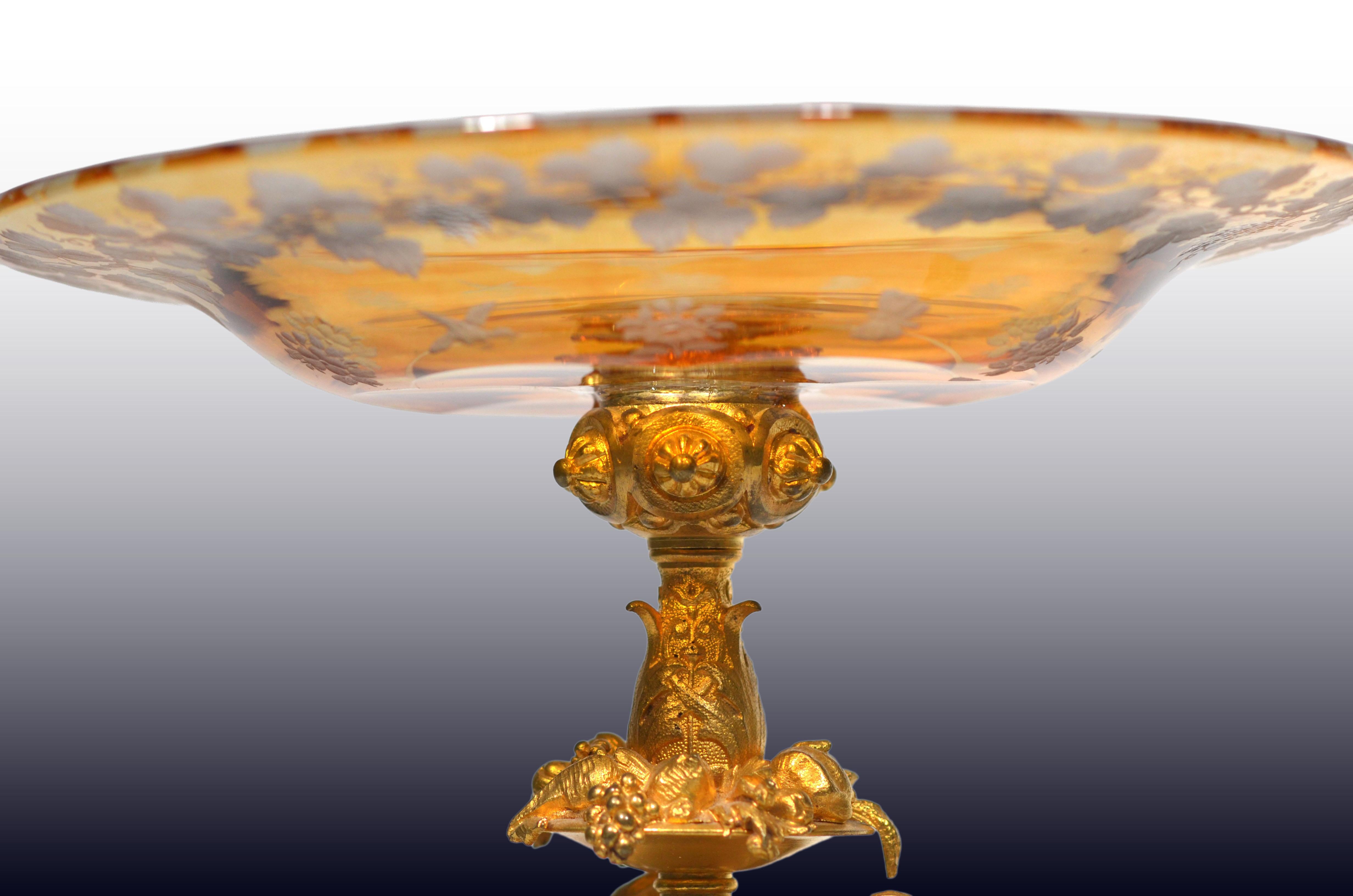 A Pair of French Ormolu Cake Stands/Centerpiece w/ Bohemian Amber Crystal Plates For Sale 3