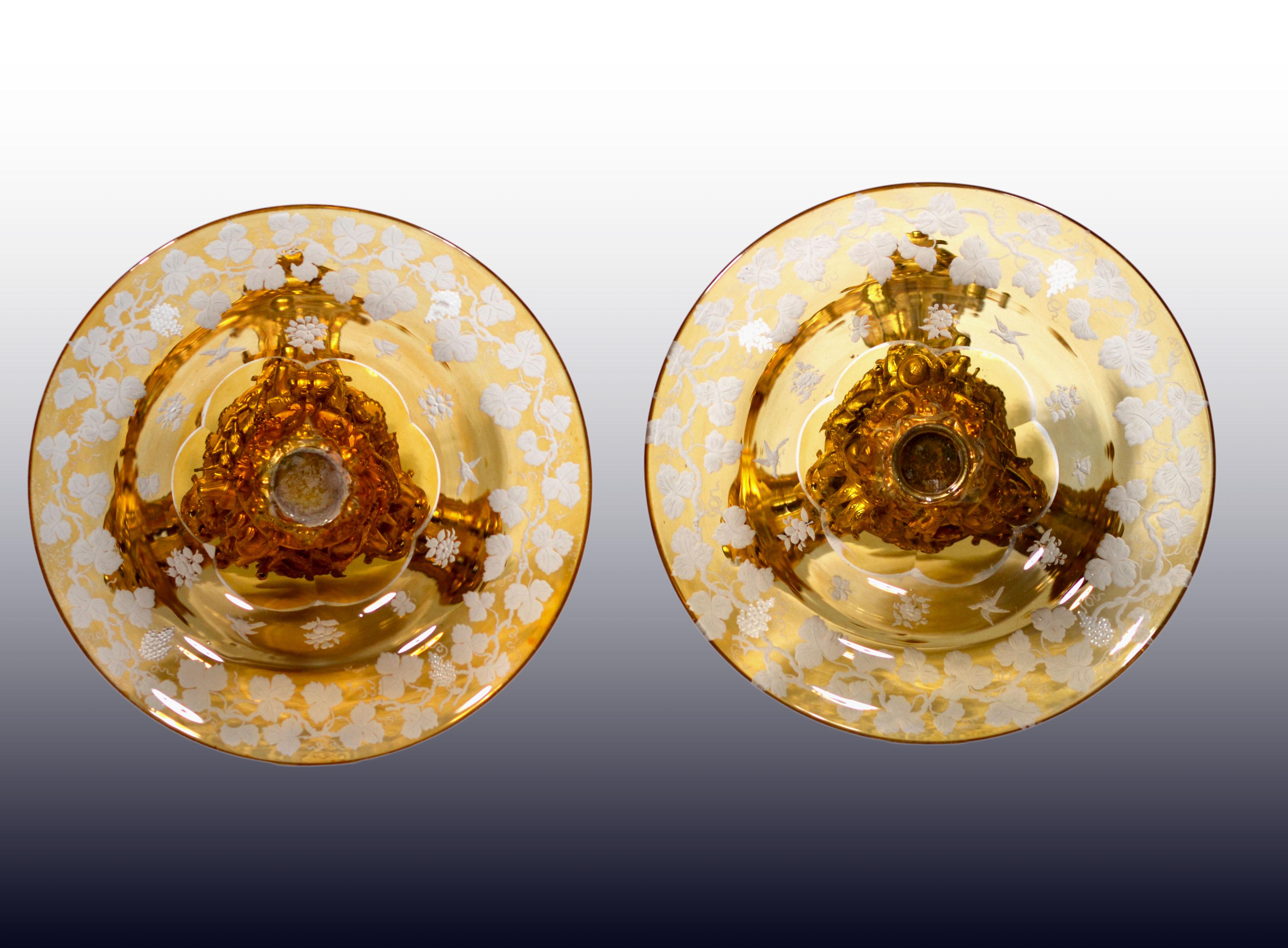 A Pair of French Ormolu Cake Stands/Centerpiece w/ Bohemian Amber Crystal Plates For Sale 5