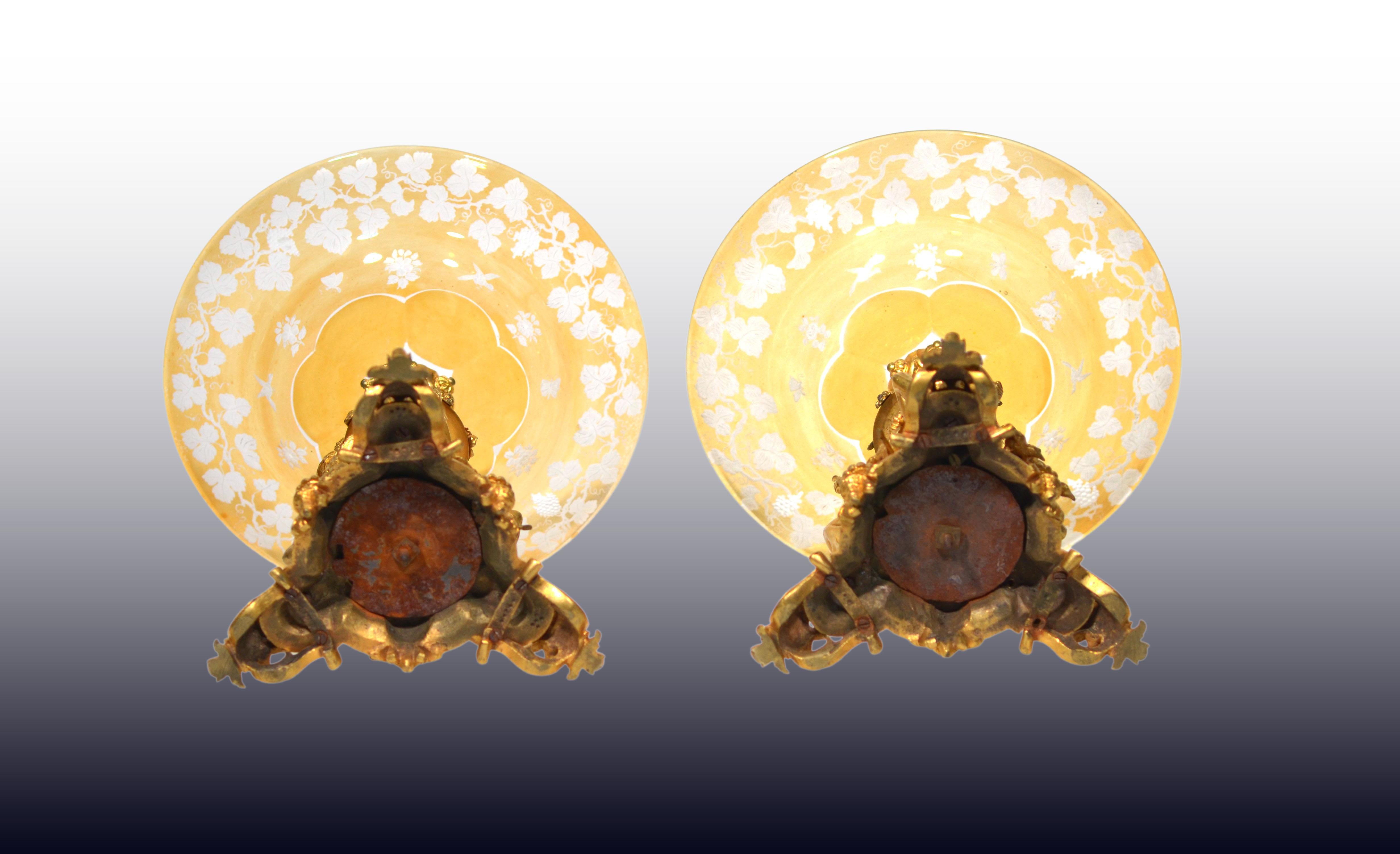 A Pair of French Ormolu Cake Stands/Centerpiece w/ Bohemian Amber Crystal Plates For Sale 6
