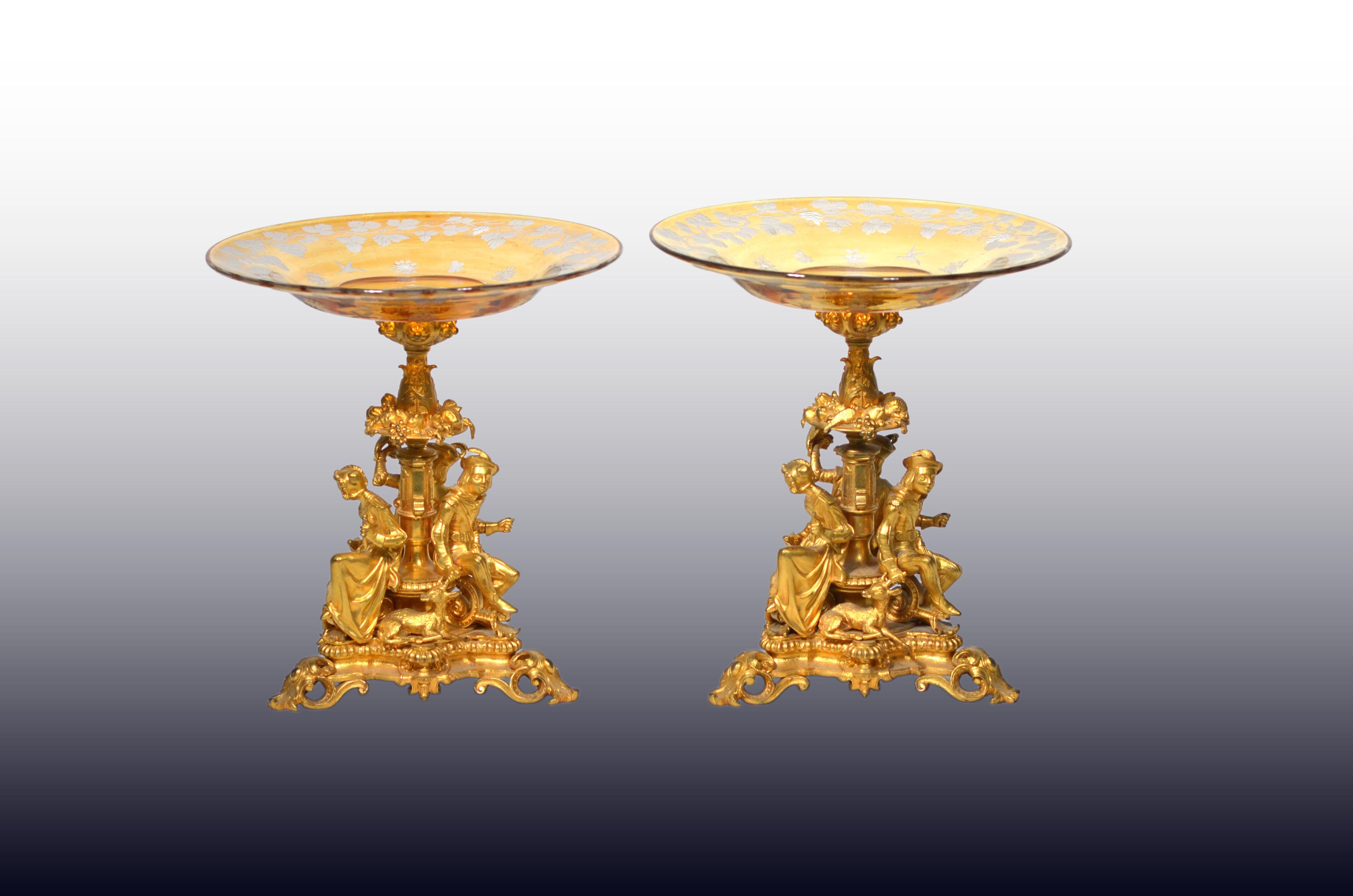 A Fine Pair of French Ormolu Mounted Cake Stands/Centerpieces/Tazza's with Bohemian Amber Crystal Plates.  Each centerpiece is made with wide circular crystal plates supported by elaborate ormolu base. The plates are shallow and broad, designed to