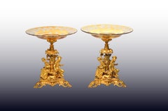 A Pair of French Ormolu Cake Stands/Centerpiece w/ Bohemian Amber Crystal Plates
