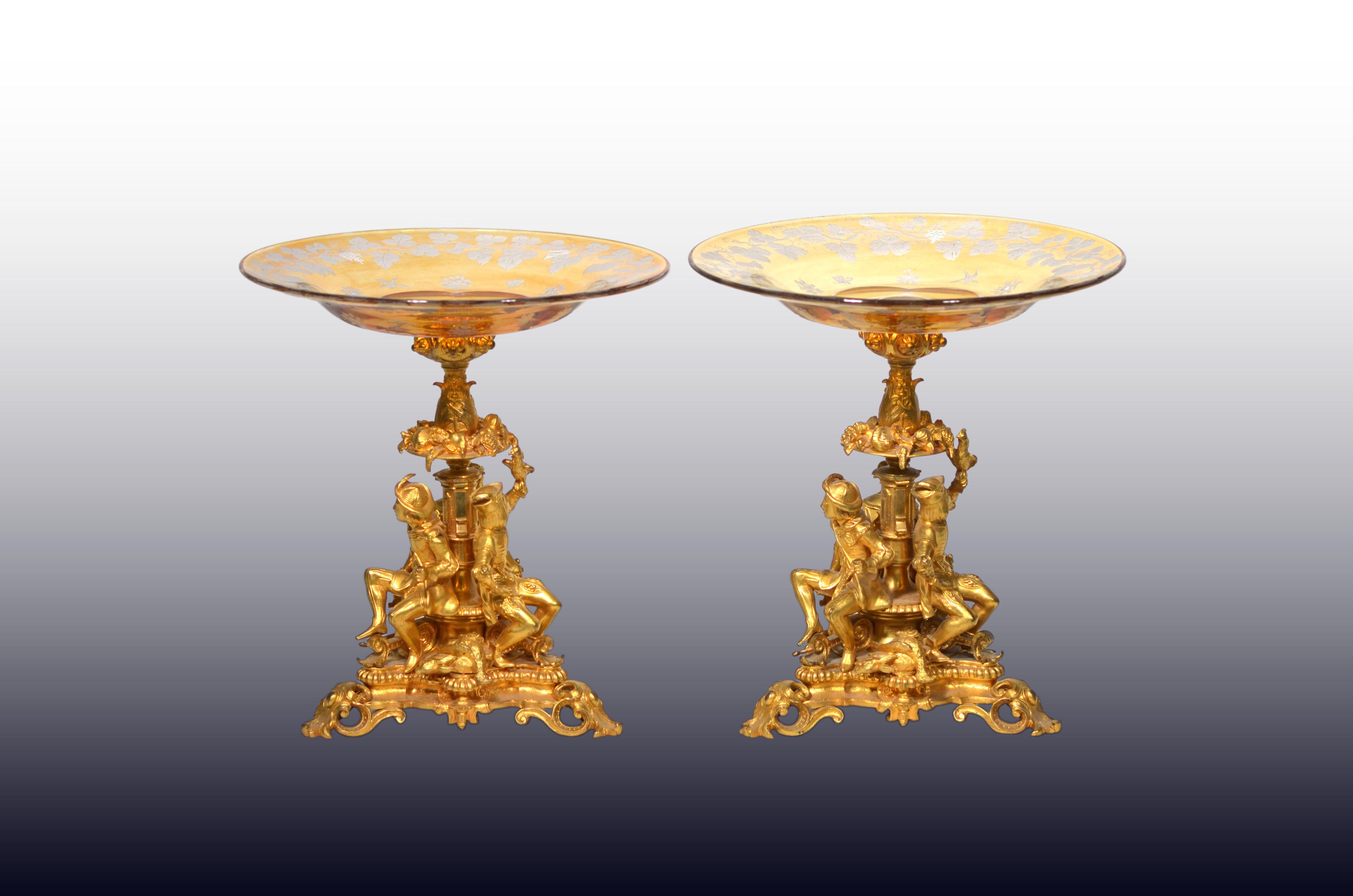 Rococo Revival A Pair of French Ormolu Cake Stands/Centerpiece w/ Bohemian Amber Crystal Plates For Sale