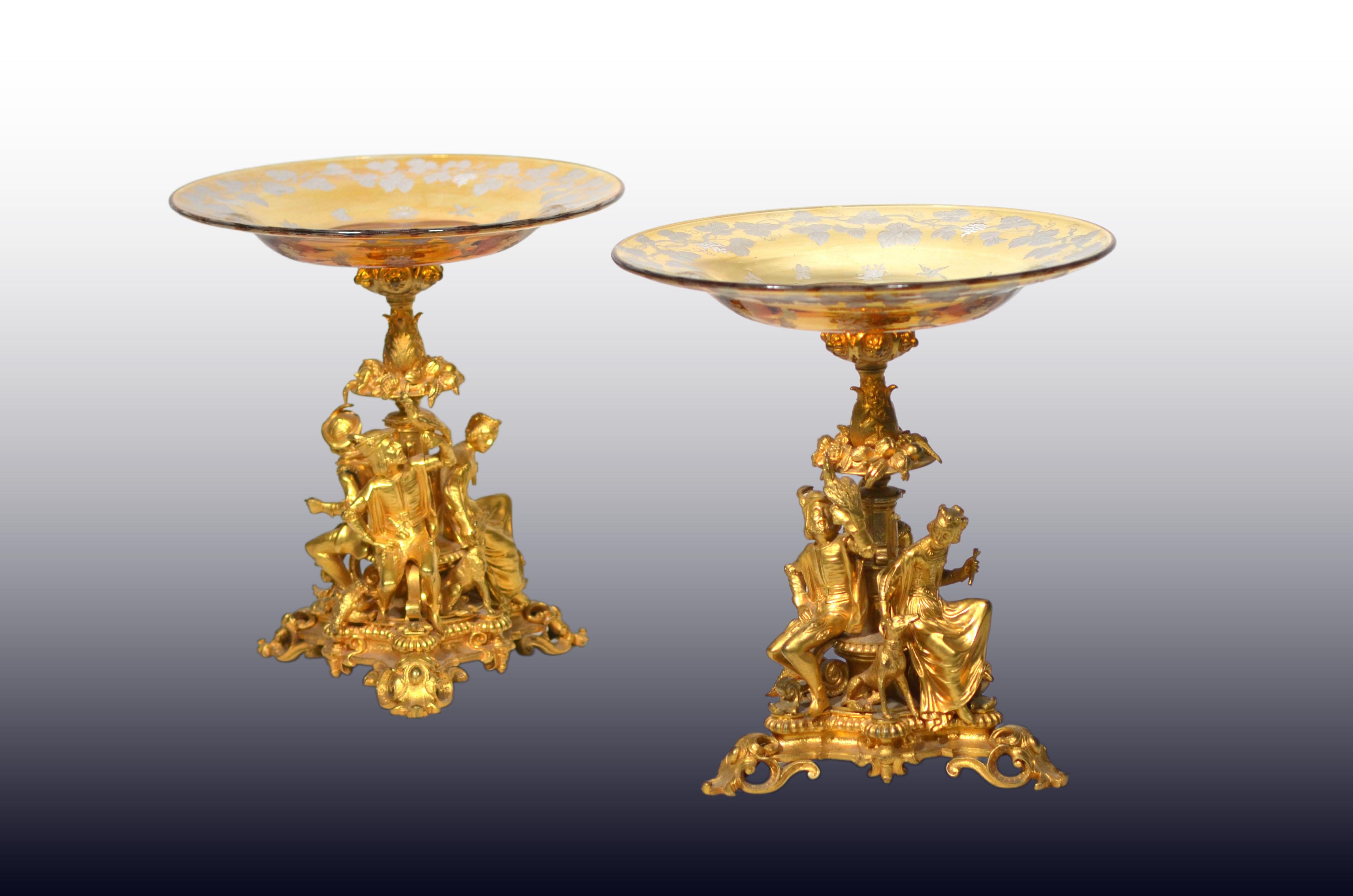Gilt A Pair of French Ormolu Cake Stands/Centerpiece w/ Bohemian Amber Crystal Plates For Sale