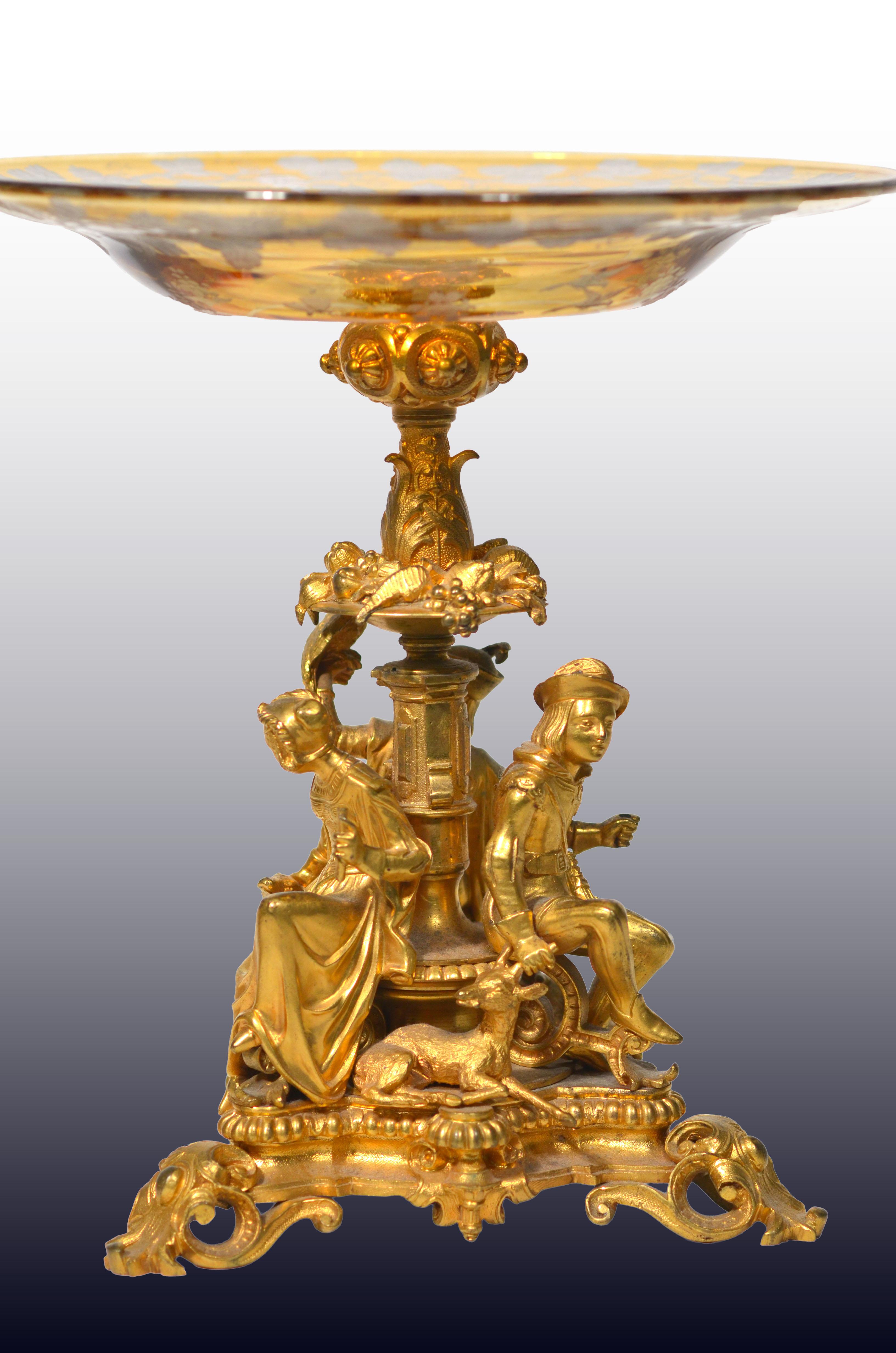 A Pair of French Ormolu Cake Stands/Centerpiece w/ Bohemian Amber Crystal Plates In Good Condition For Sale In New York, NY