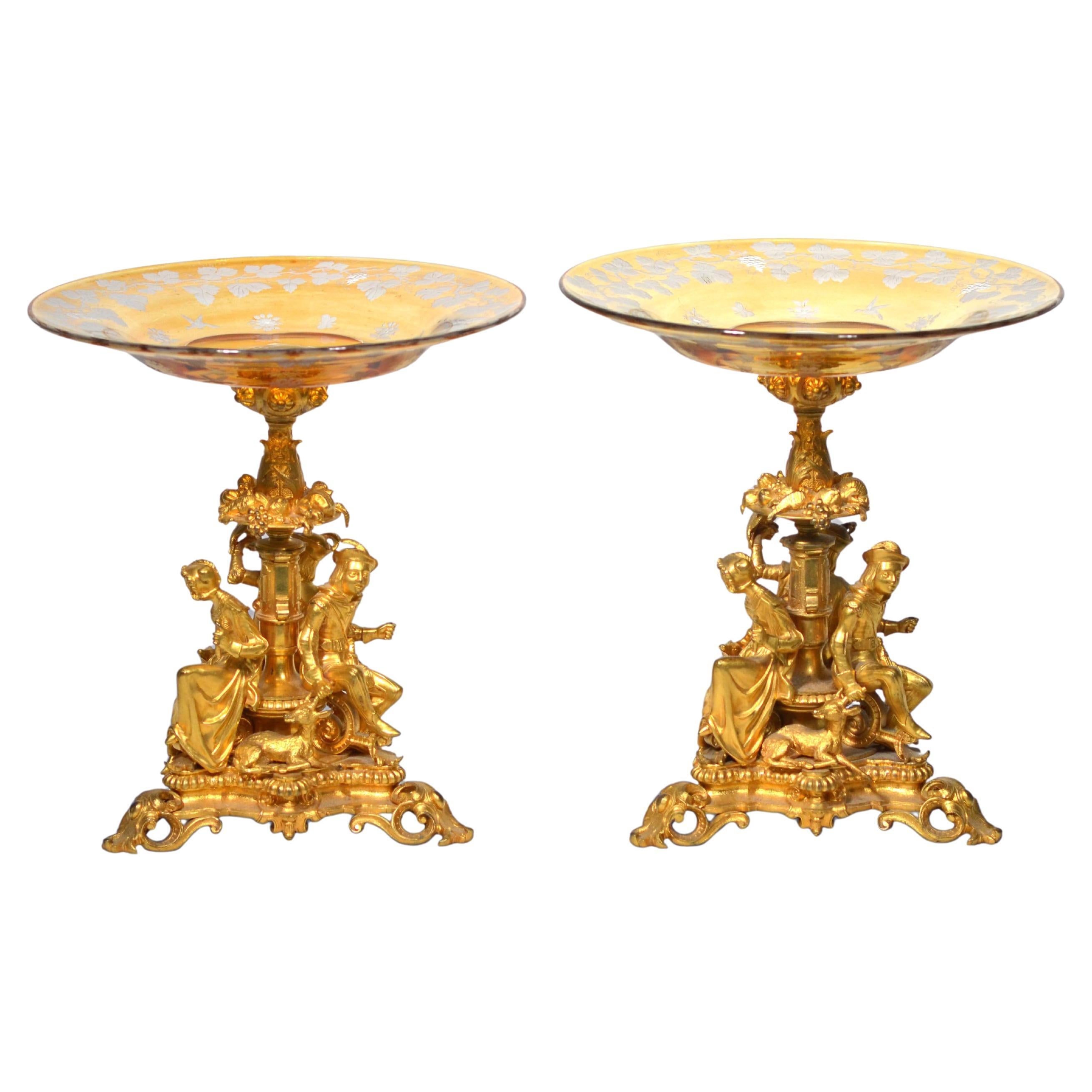 A Pair of French Ormolu Cake Stands/Centerpiece w/ Bohemian Amber Crystal Plates For Sale