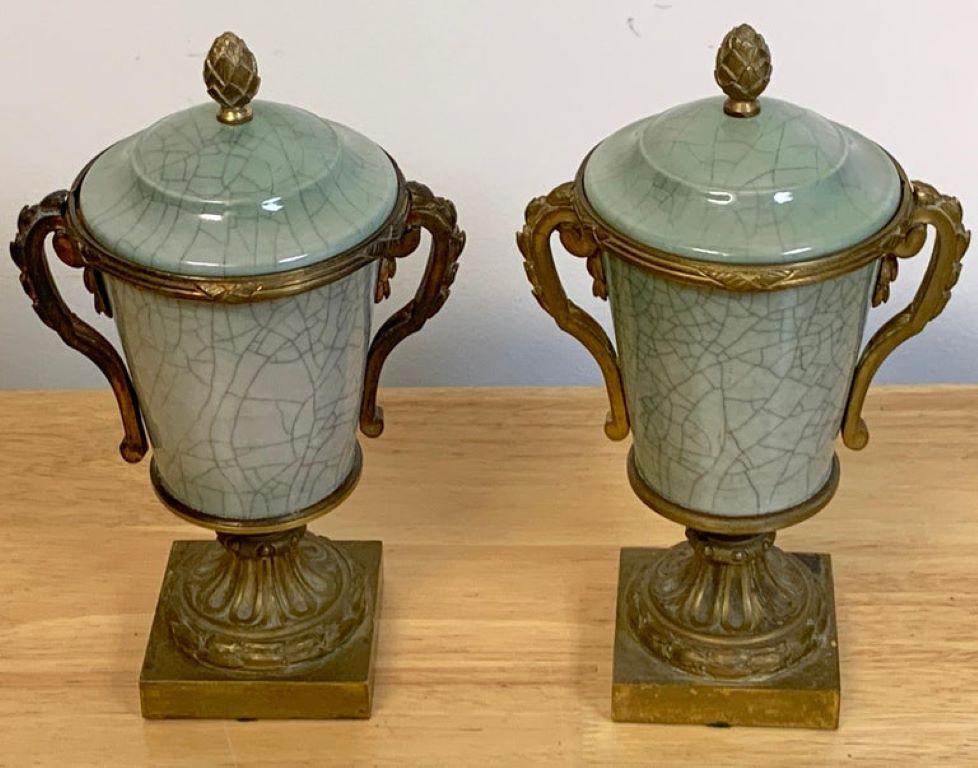 A Pair of French Ormolu Mounted Chinese Crackle Glaze Celadon Vases & Covers In Good Condition In West Palm Beach, FL