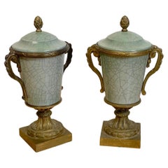 A Pair of French Ormolu Mounted Chinese Crackle Glaze Celadon Vases & Covers