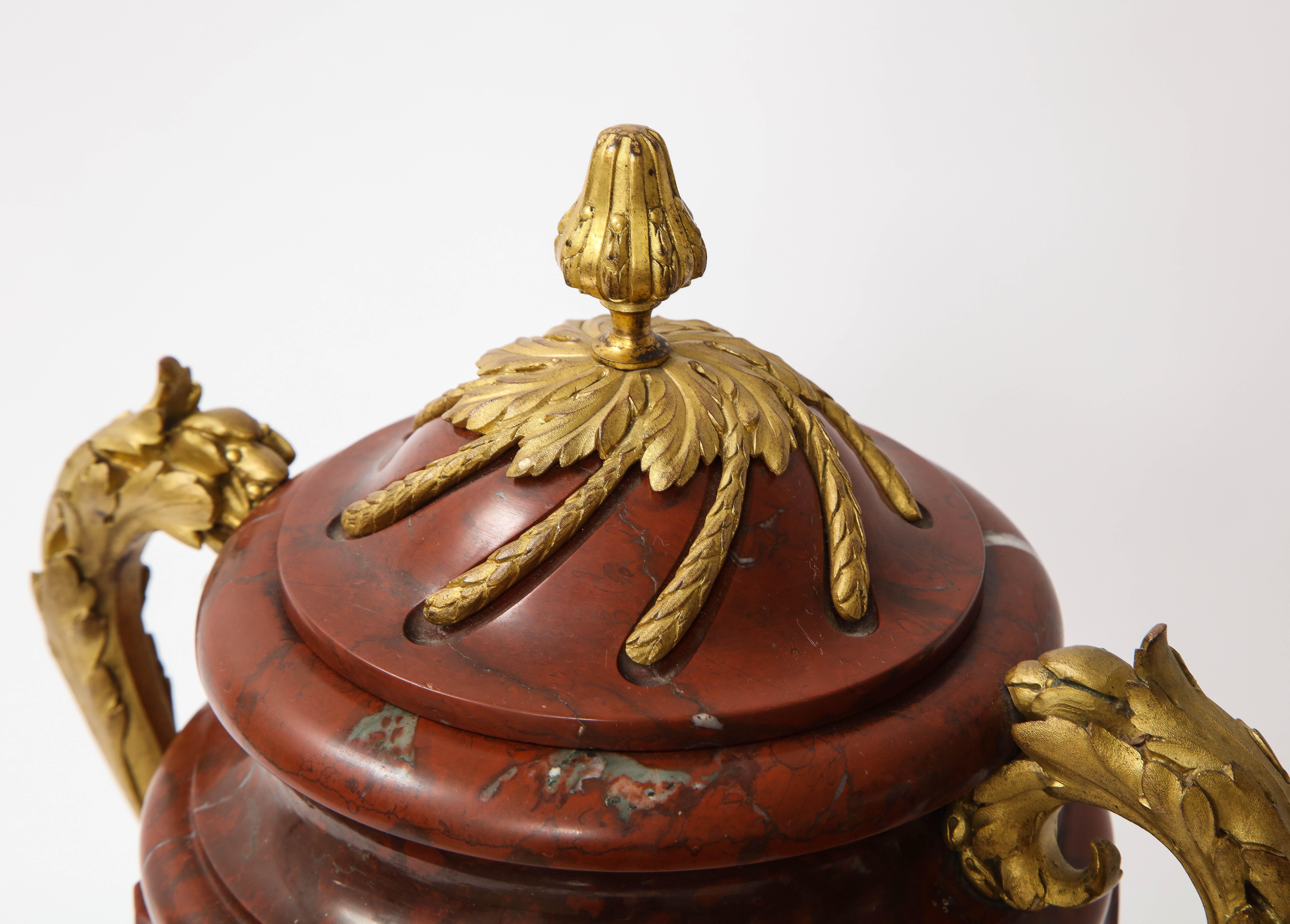 Pair of French Ormolu Mounted Rouge Marble Covered Vases, Signed Maison Boudet For Sale 2