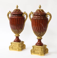 Pair of French Ormolu Mounted Rouge Marble Covered Vases, Signed Maison Boudet