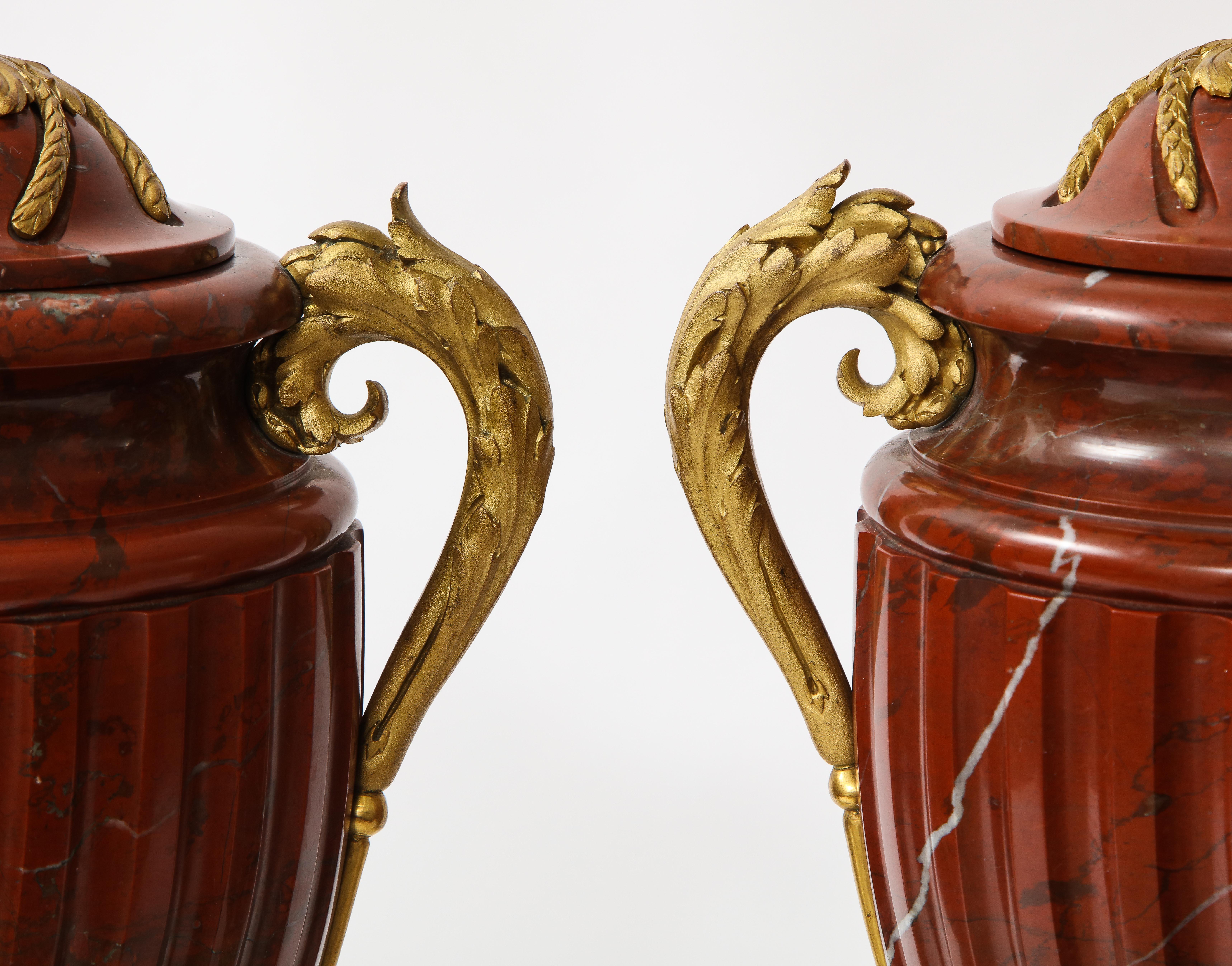 19th Century Pair of French Ormolu Mounted Rouge Marble Covered Vases, Signed Maison Boudet For Sale