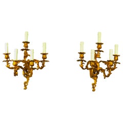 A Pair of French Ormolu Rococo 5 Arm Gilt Bronze Wall Lights, Circa 1880