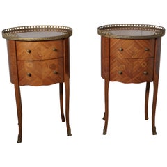 Antique Pair of French Oval Inlaid Bedside Drawer Tables