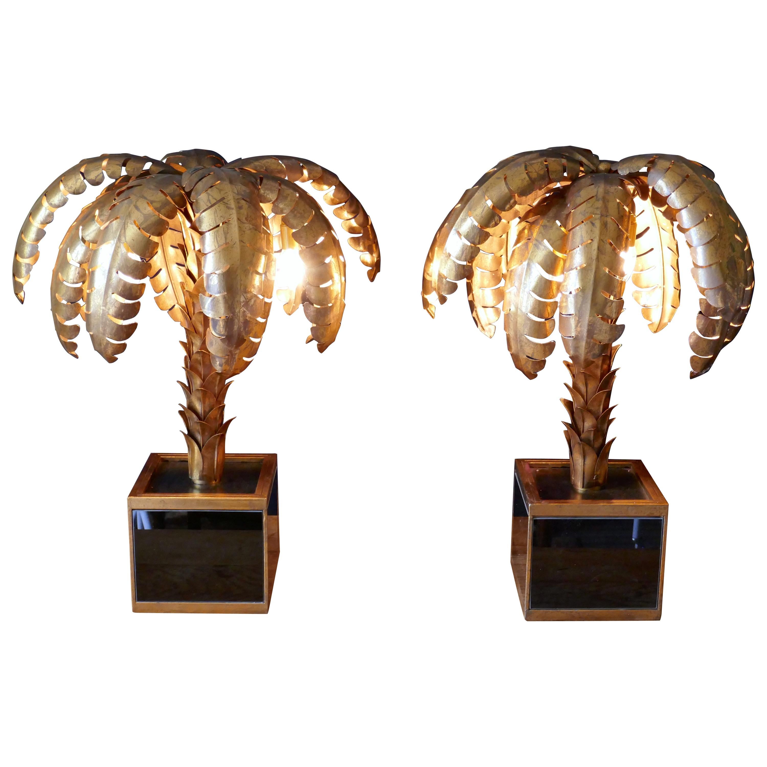 Pair of French Designer Palm Tree Tole Ware Table Lamps, circa 1970