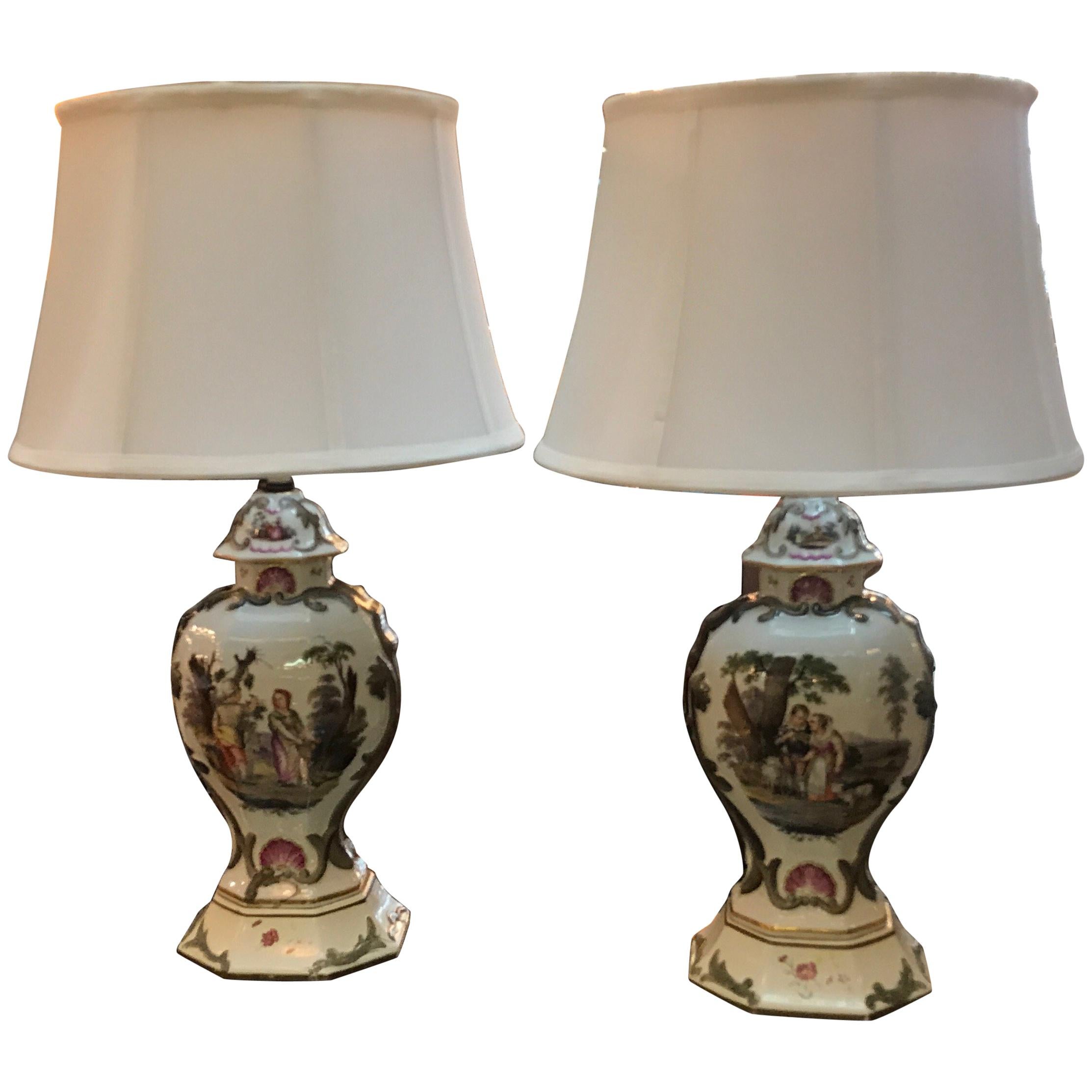 A Pair of French Paris Porcelain Hand Painted Urn Lamps 