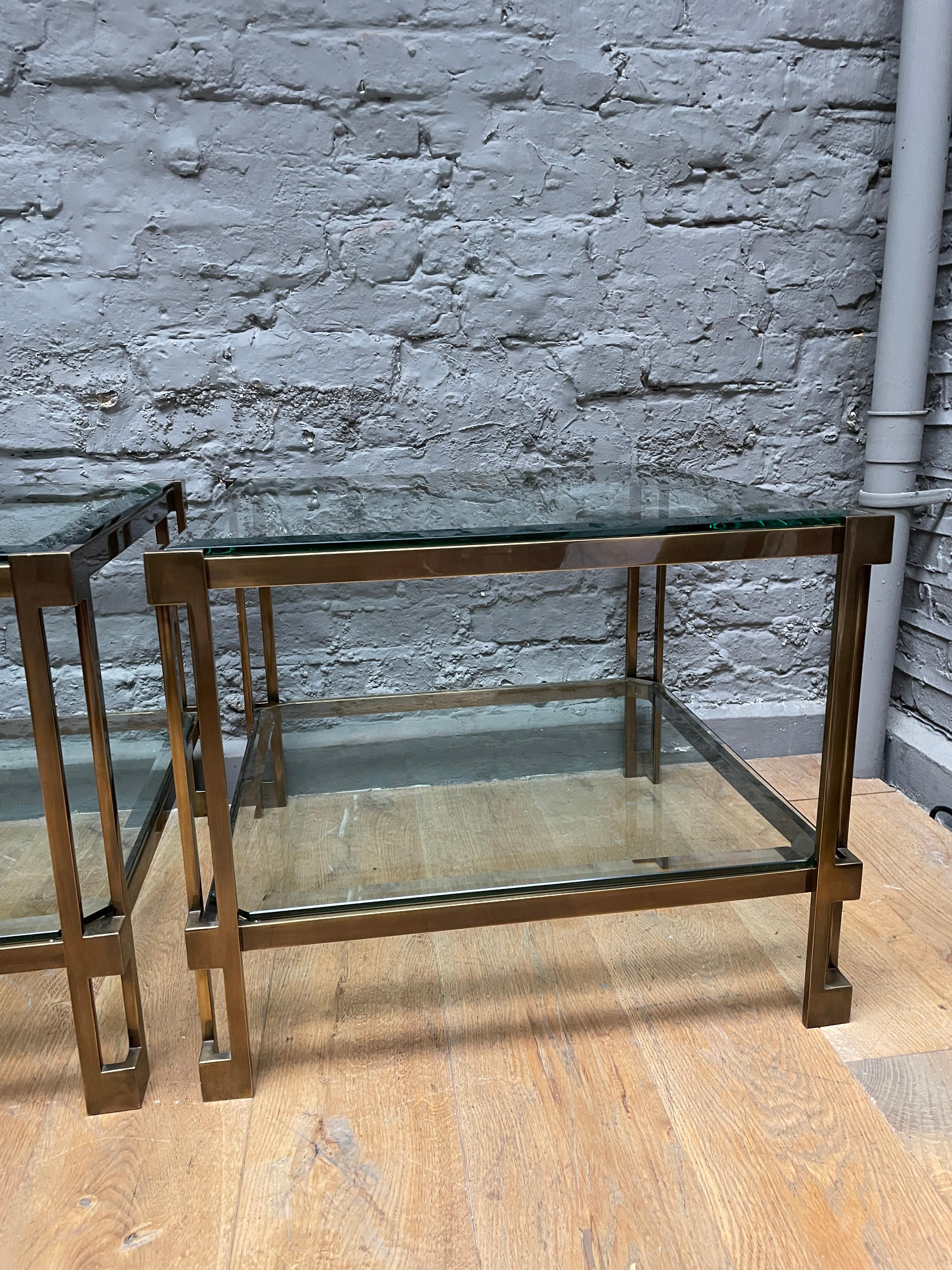 Modern Pair of French Patinated Brass Two Tiered Side Tables