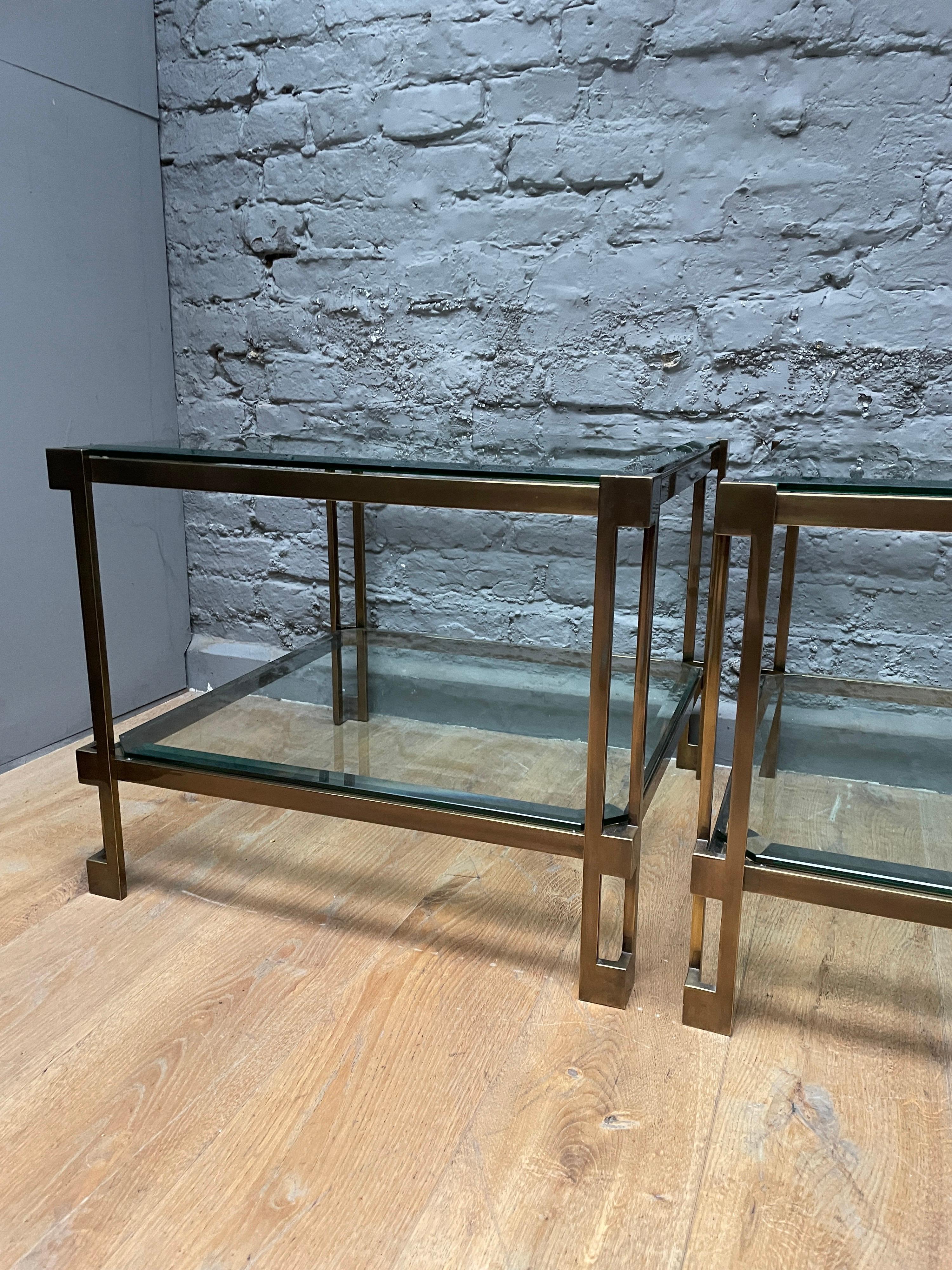 Pair of French Patinated Brass Two Tiered Side Tables In Good Condition In London, GB