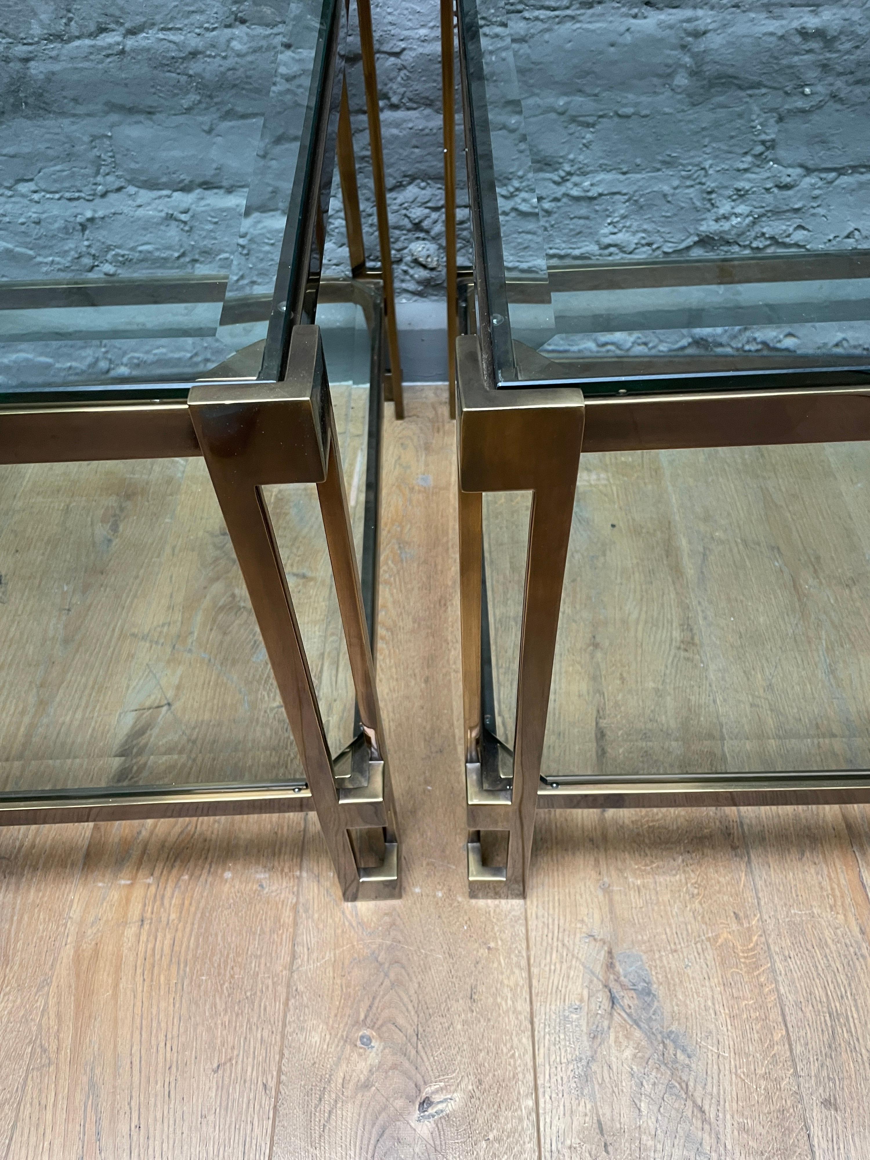 20th Century Pair of French Patinated Brass Two Tiered Side Tables
