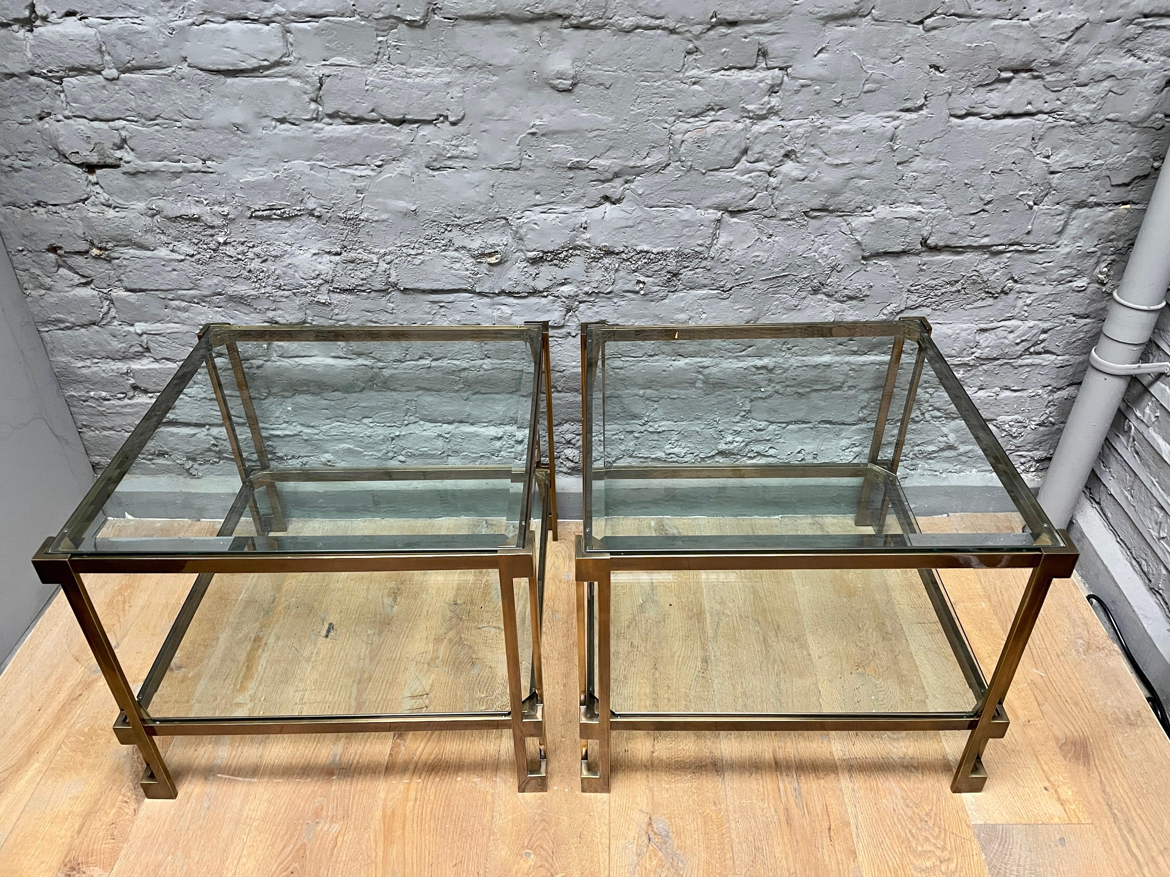 Pair of French Patinated Brass Two Tiered Side Tables 1