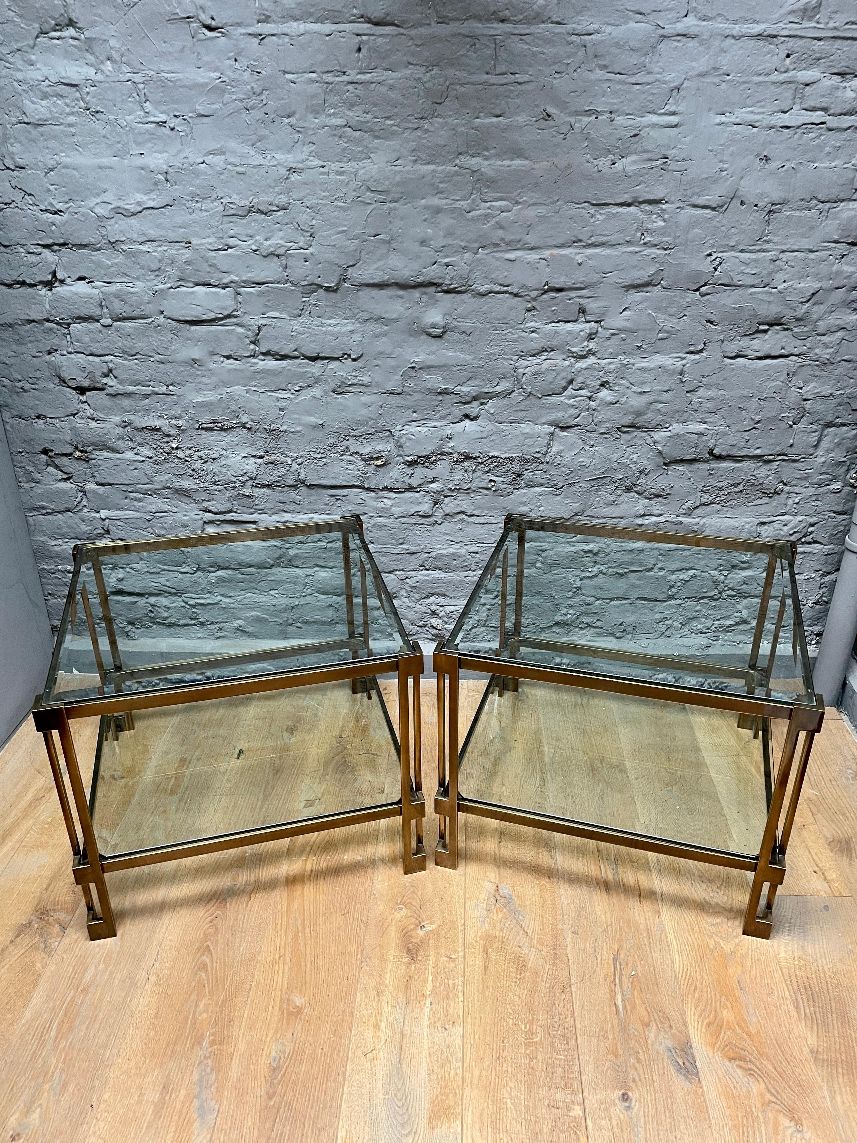 Pair of French Patinated Brass Two Tiered Side Tables 4