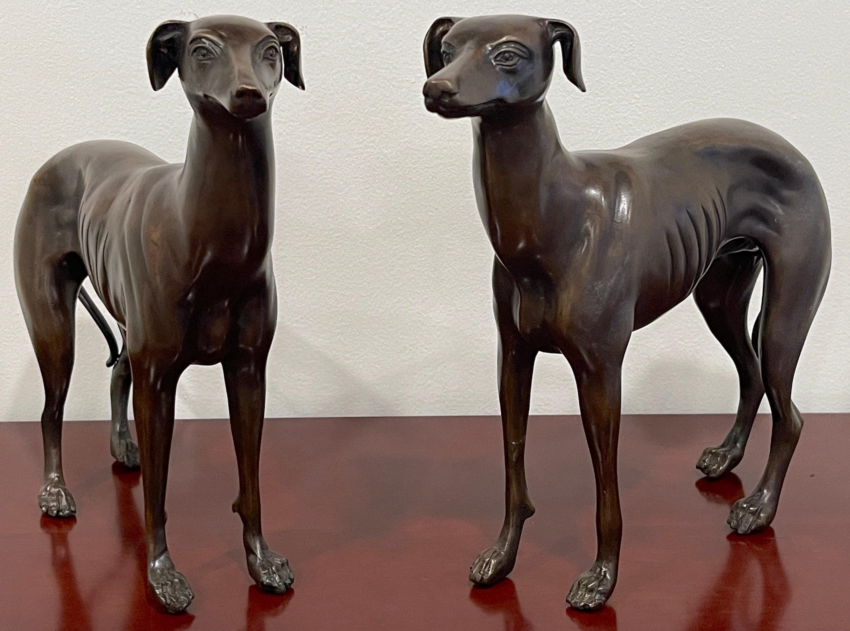 Sporting Art Pair of French Patinated Bronze Models of Whippets