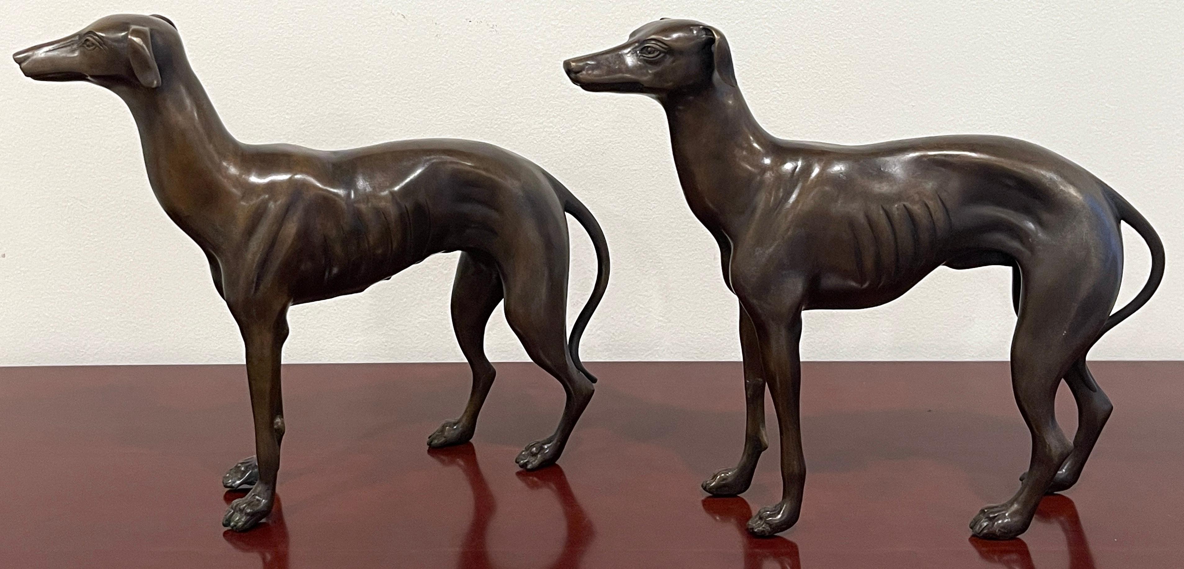 Cast Pair of French Patinated Bronze Models of Whippets