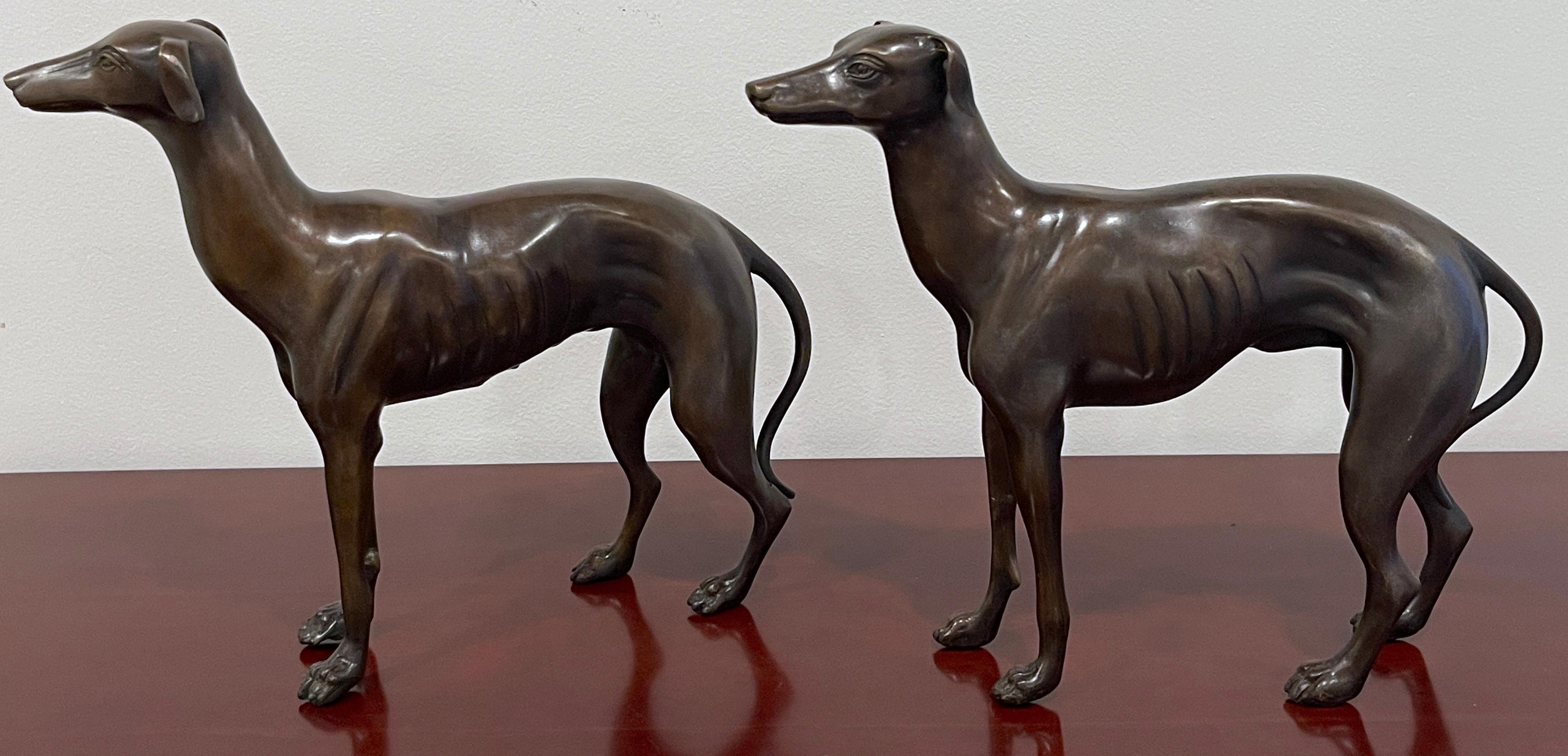 Pair of French Patinated Bronze Models of Whippets In Good Condition In West Palm Beach, FL