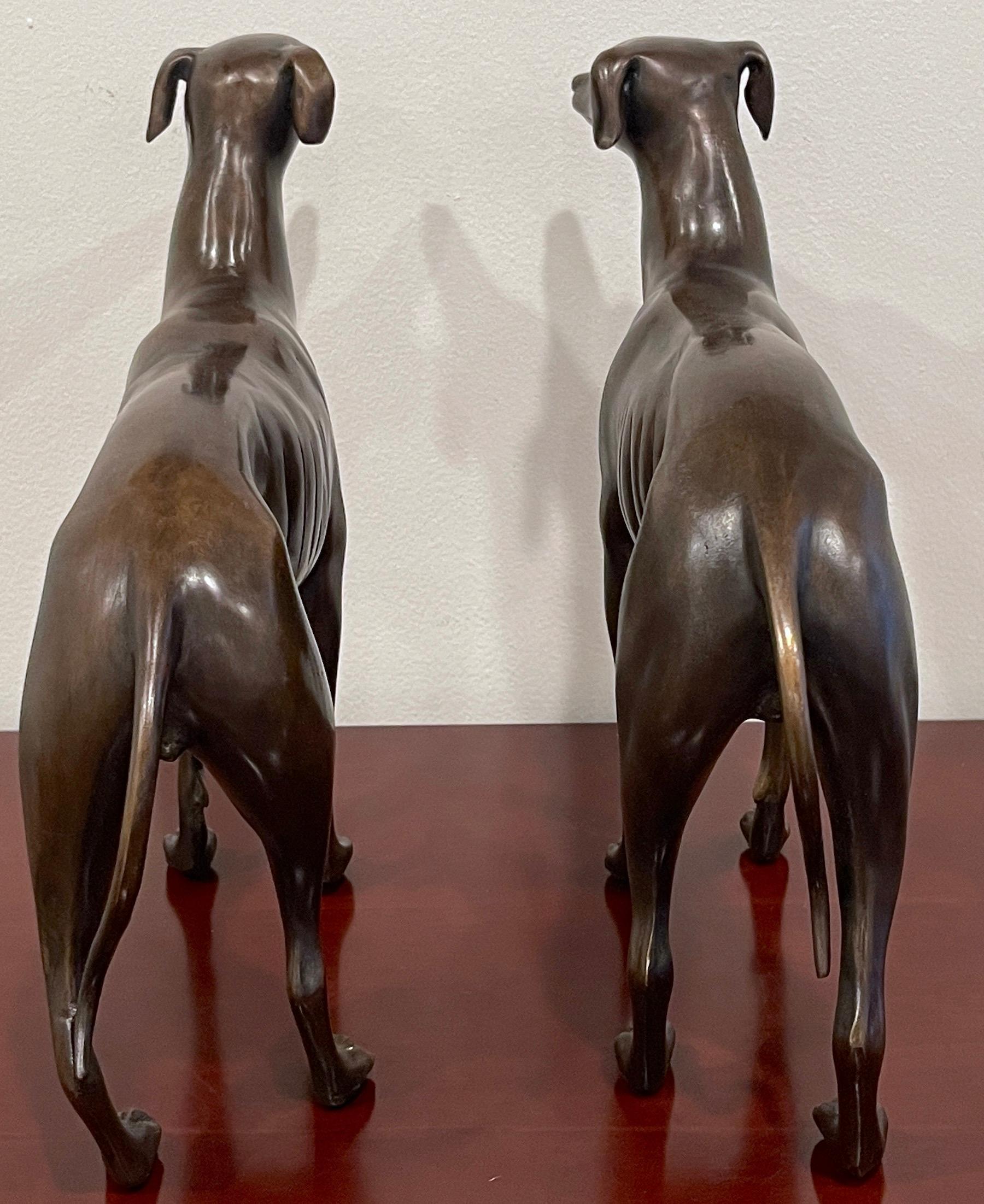 20th Century Pair of French Patinated Bronze Models of Whippets