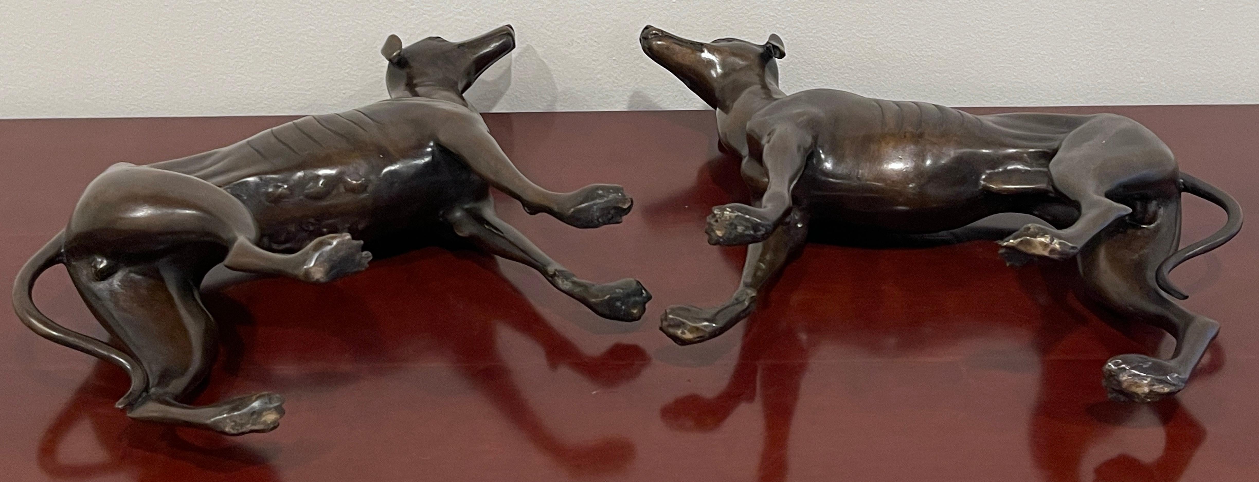 Pair of French Patinated Bronze Models of Whippets 1