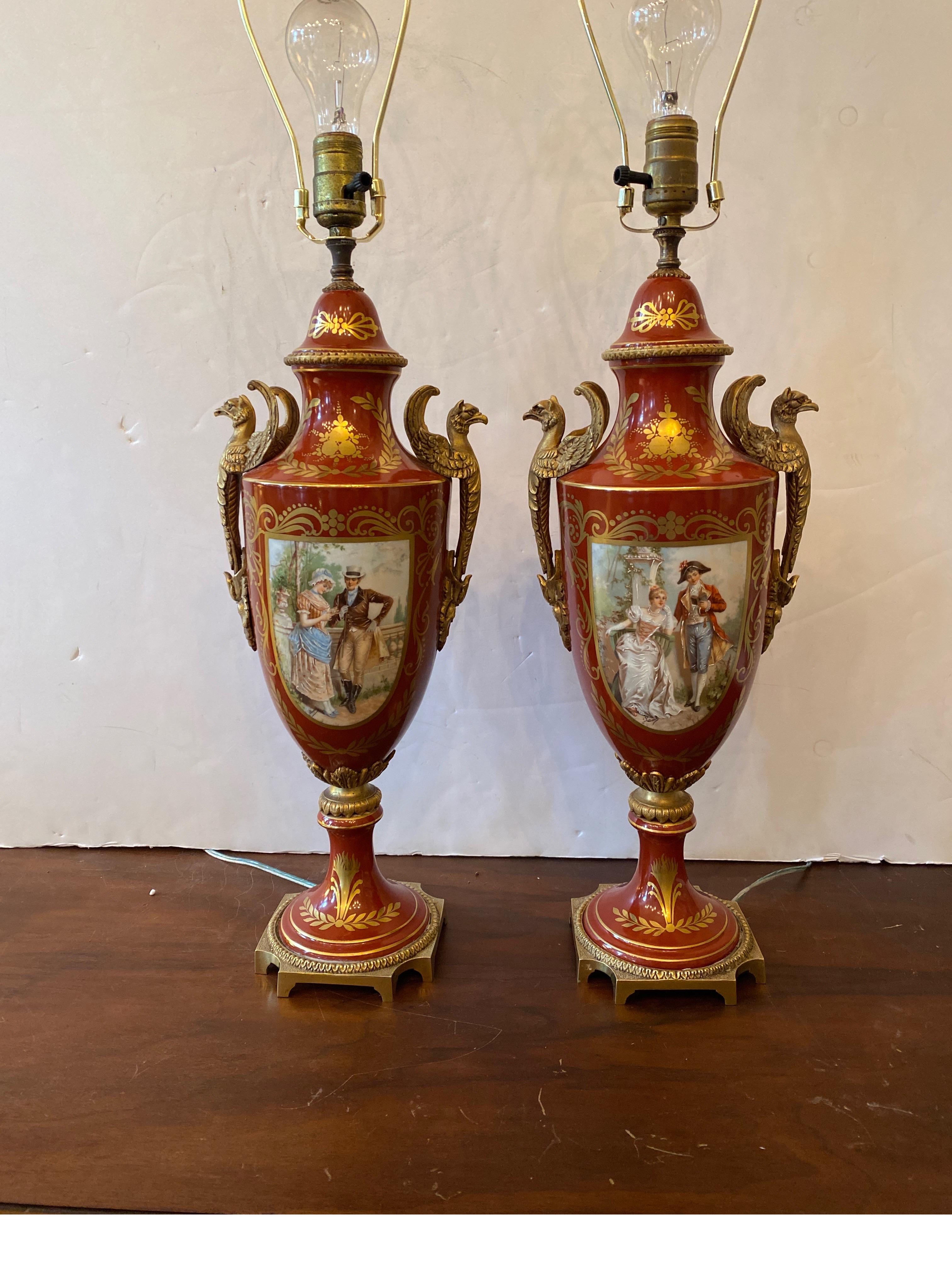 A Pair of French Porcelain Gilt Bronze Mounted Urn Lamps In Good Condition For Sale In Lambertville, NJ