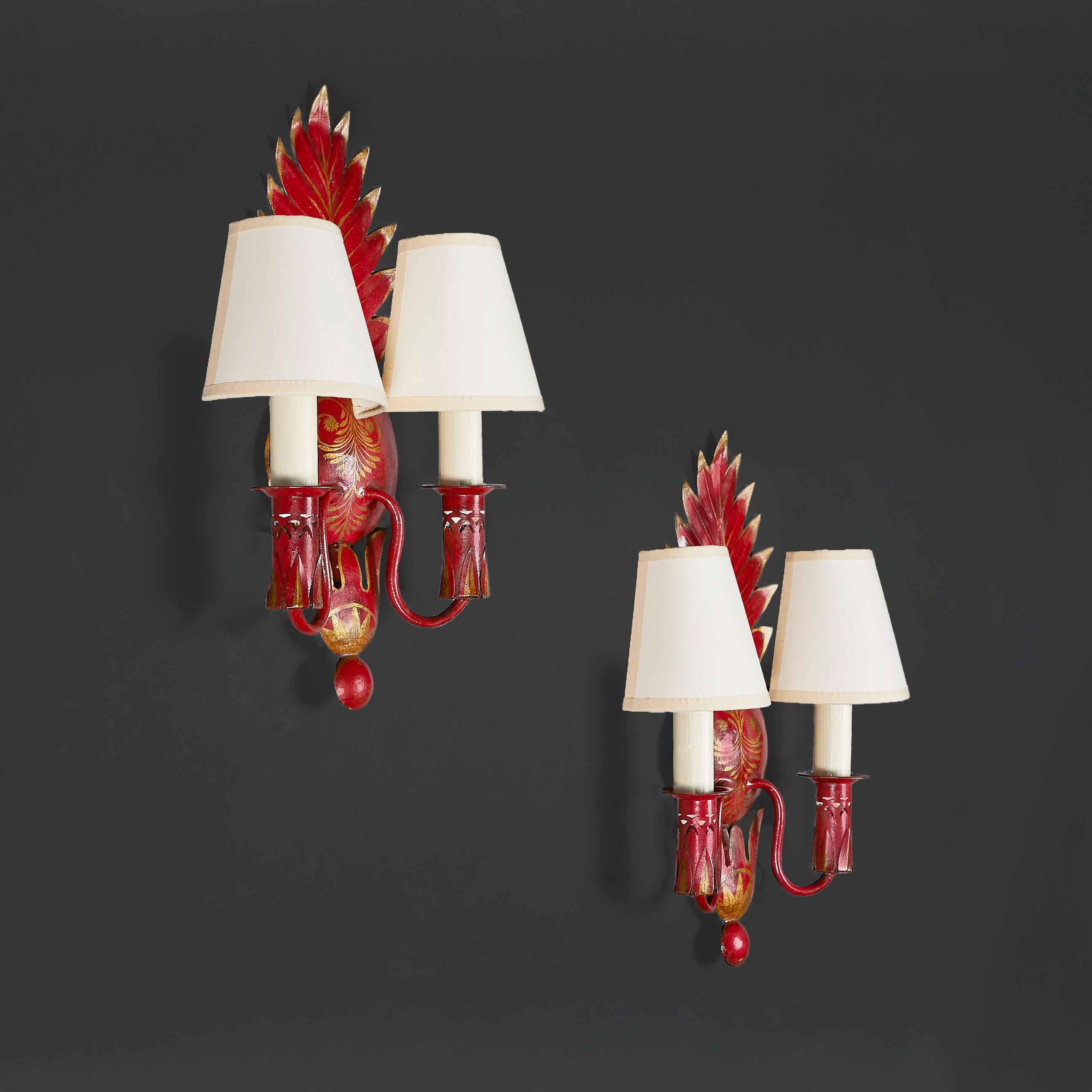 Painted A Pair of French Red Tole Wall Lights