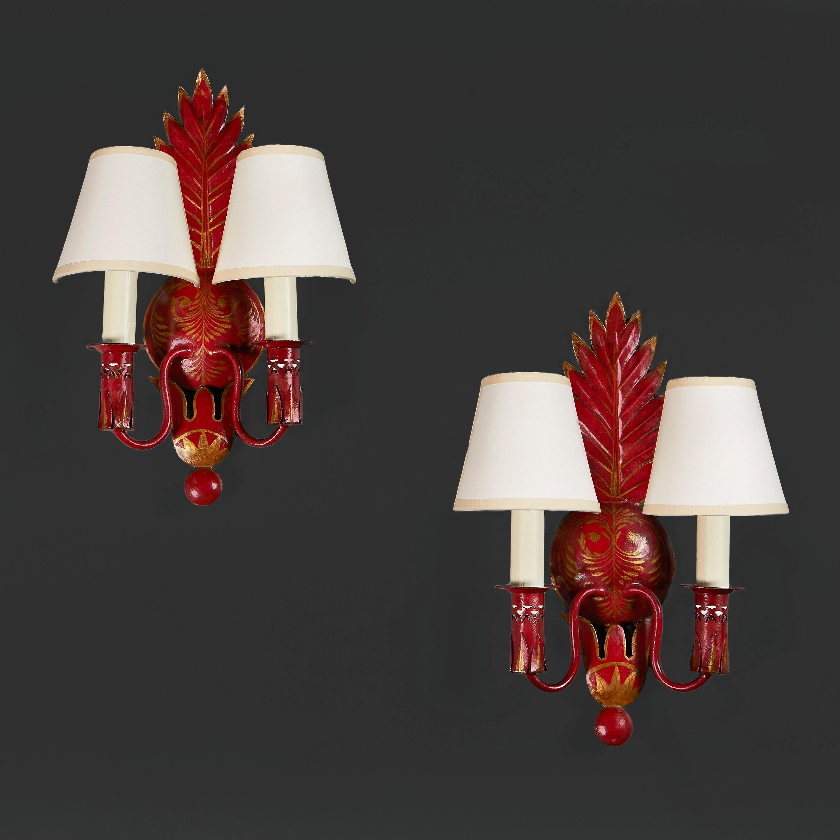 20th Century A Pair of French Red Tole Wall Lights