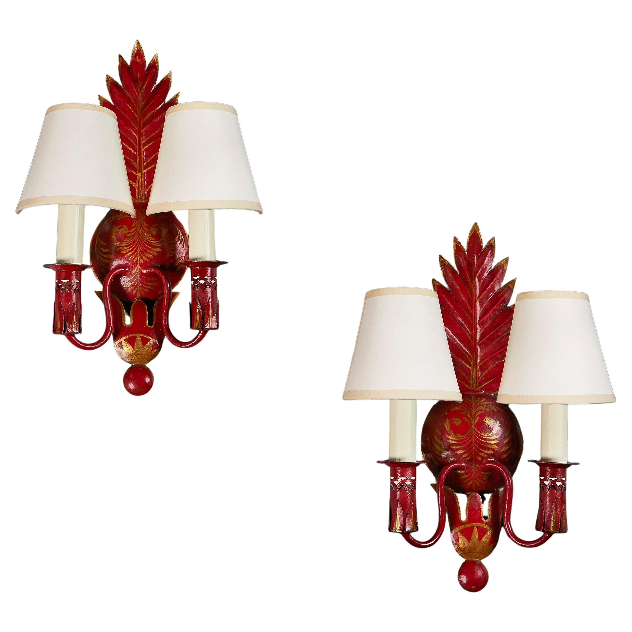 A Pair of French Red Tole Wall Lights