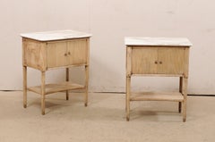 Pair of French Reed-Carved Wood Side Chests with Marble Tops and Lower Shelves