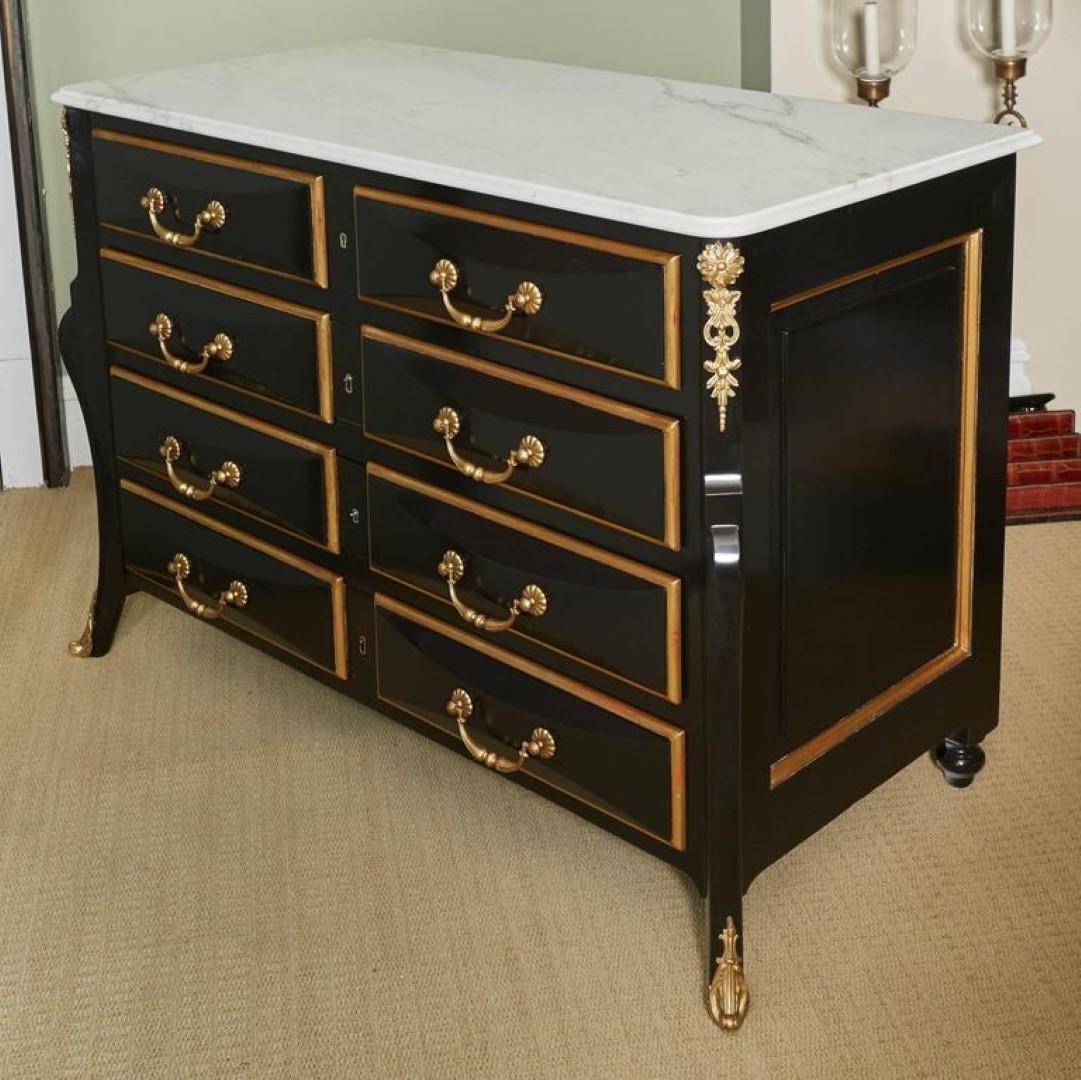 Pair of French Regence Style Ormolu-Mounted Ebonized Chest of Drawers For Sale 1