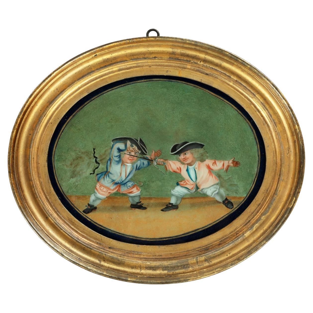 Pair of French Reverse Glass Paintings or Cartoons