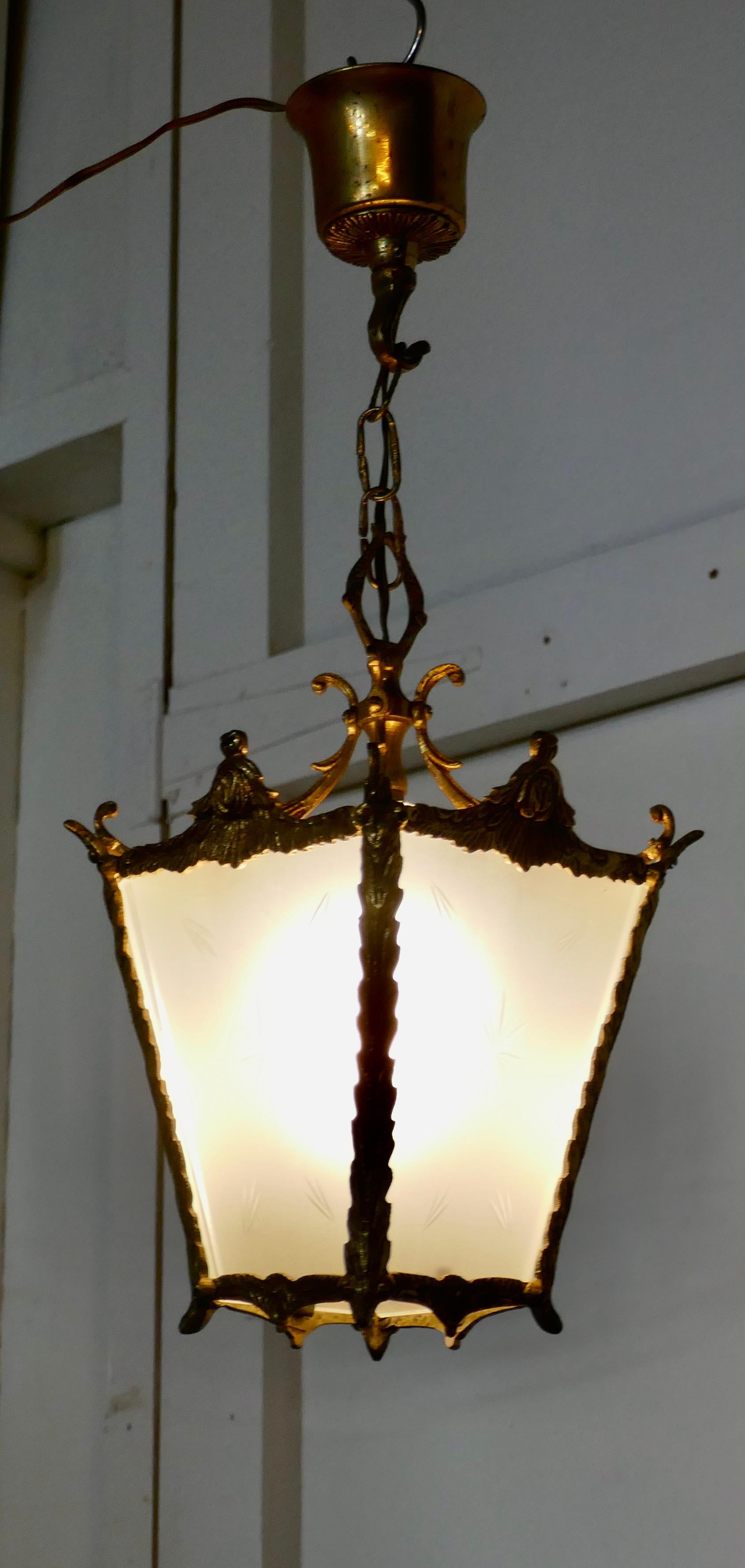 Pair of French Rococo Brass and Etched Glass Hall Lanterns In Good Condition In Chillerton, Isle of Wight