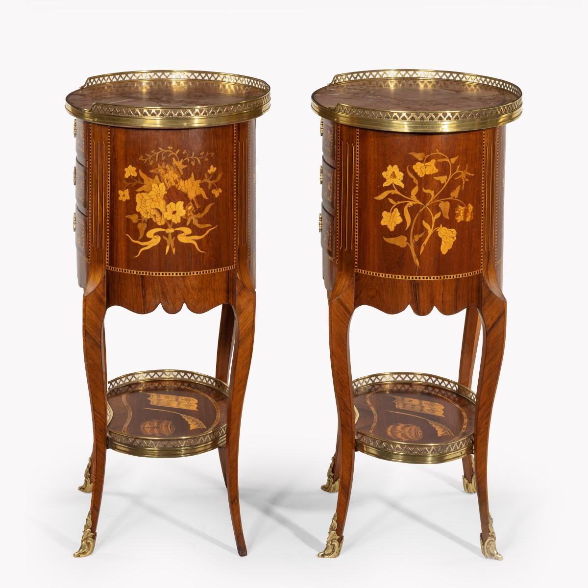 Pair of French Rosewood Oval Marquetry Bedside Tables with Marble Tops In Good Condition For Sale In Lymington, Hampshire