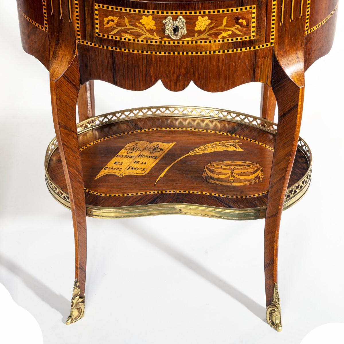 Early 20th Century Pair of French Rosewood Oval Marquetry Bedside Tables with Marble Tops For Sale