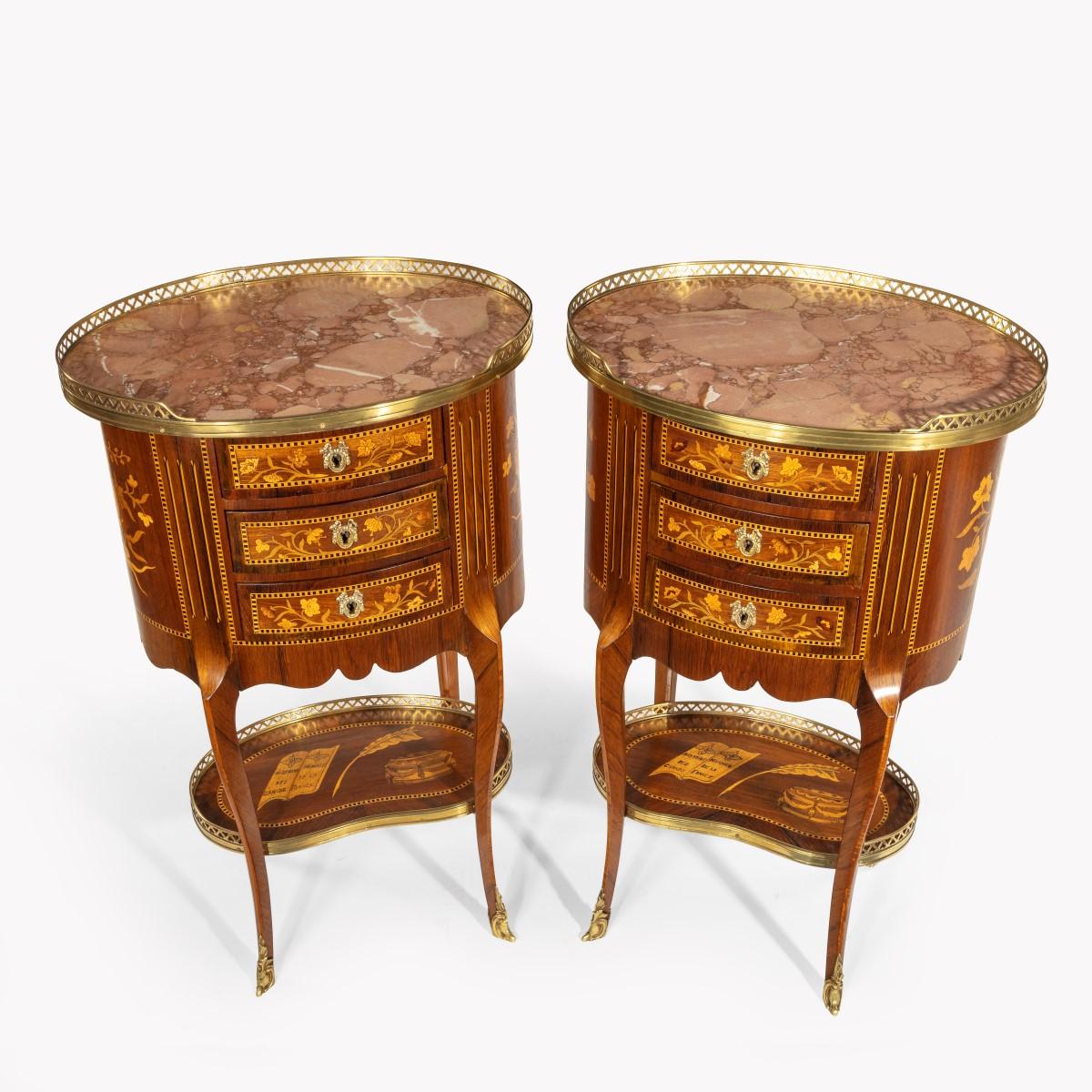 Pair of French Rosewood Oval Marquetry Bedside Tables with Marble Tops For Sale 1