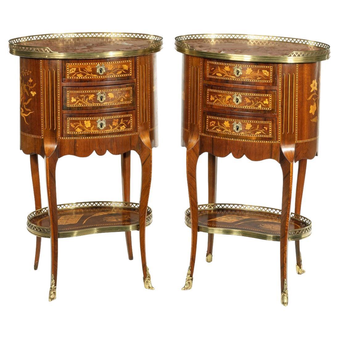 Pair of French Rosewood Oval Marquetry Bedside Tables with Marble Tops For Sale