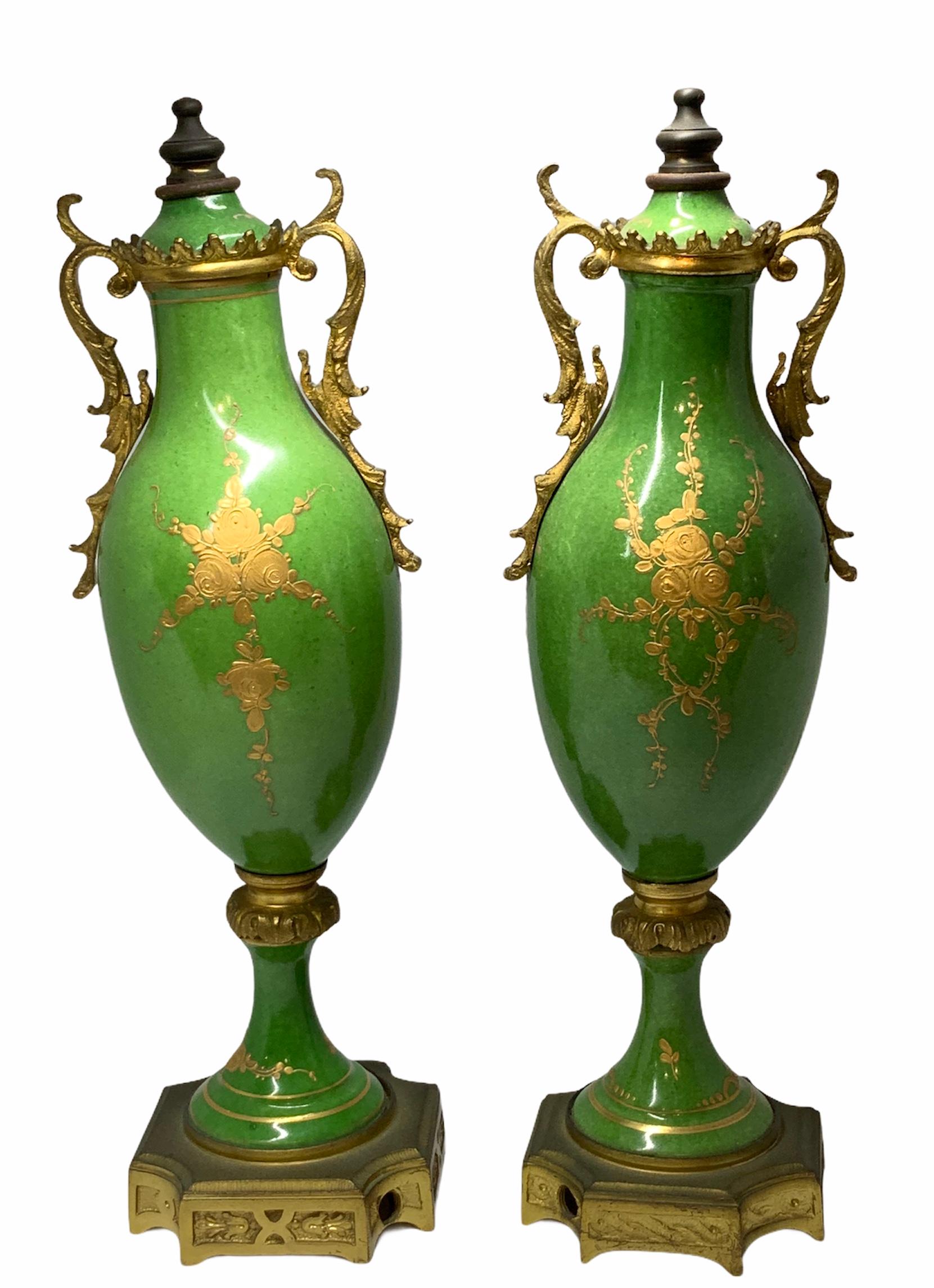 Pair of French Sevres Style Porcelain Bronze Mounted Urns Vases 4