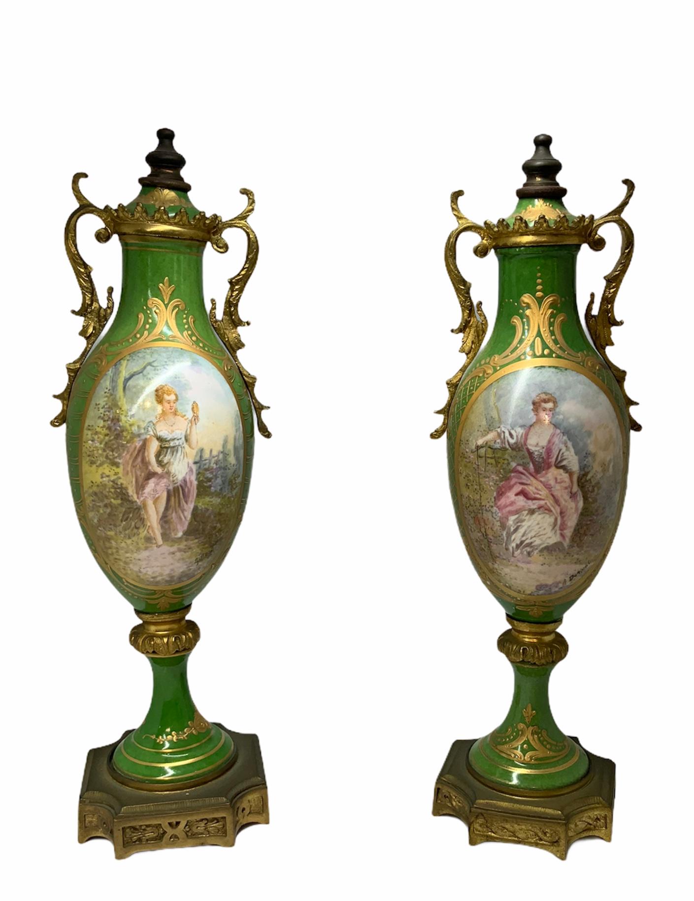 Pair of French Sevres Style Porcelain Bronze Mounted Urns Vases 5