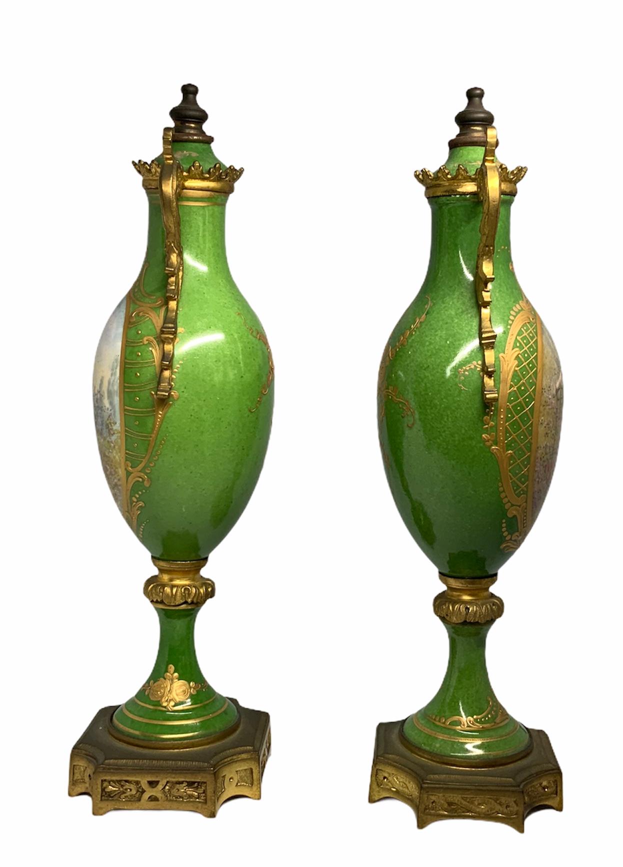 Pair of French Sevres Style Porcelain Bronze Mounted Urns Vases 6
