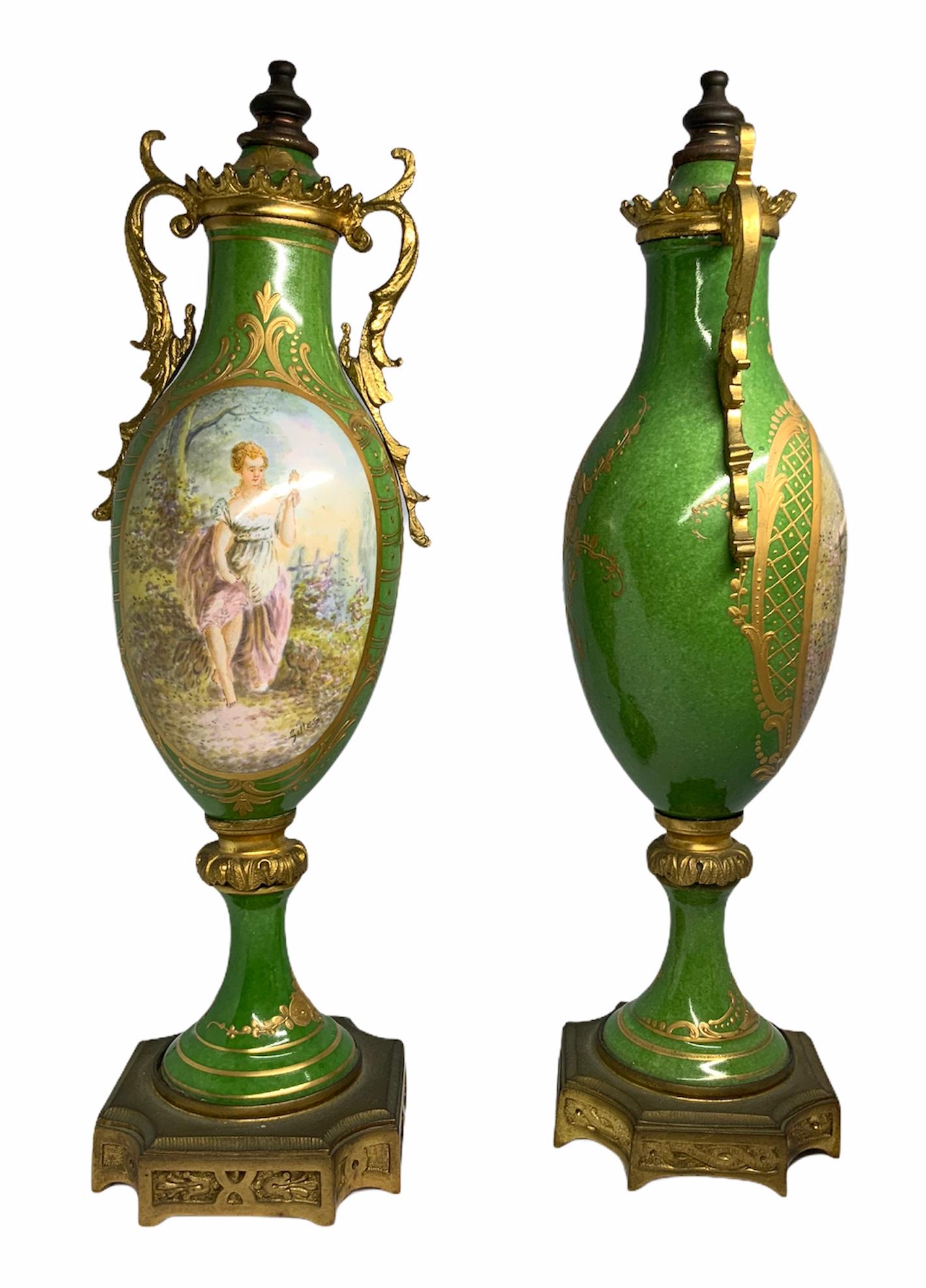 Pair of French Sevres Style Porcelain Bronze Mounted Urns Vases 7