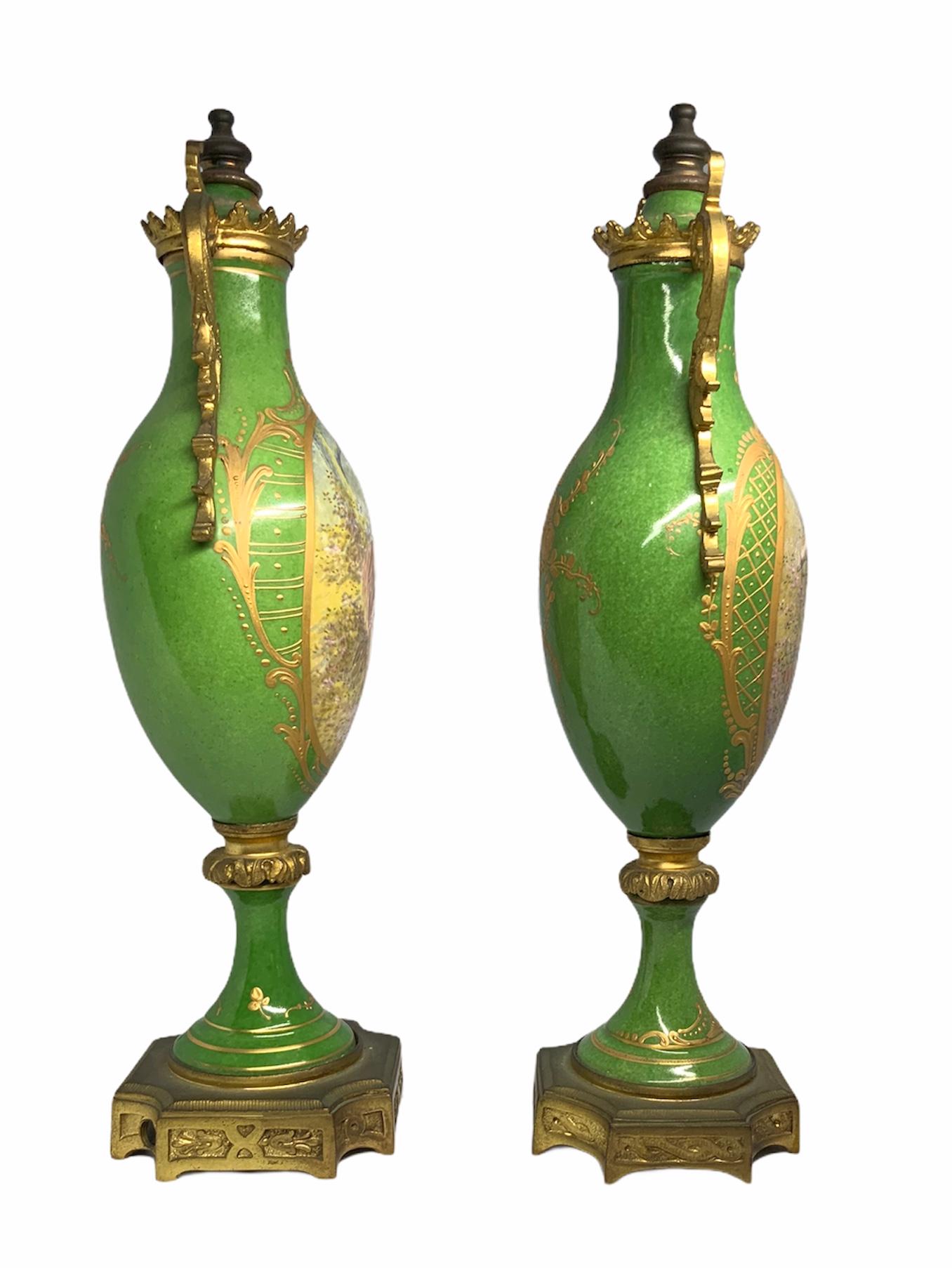 Pair of French Sevres Style Porcelain Bronze Mounted Urns Vases 8