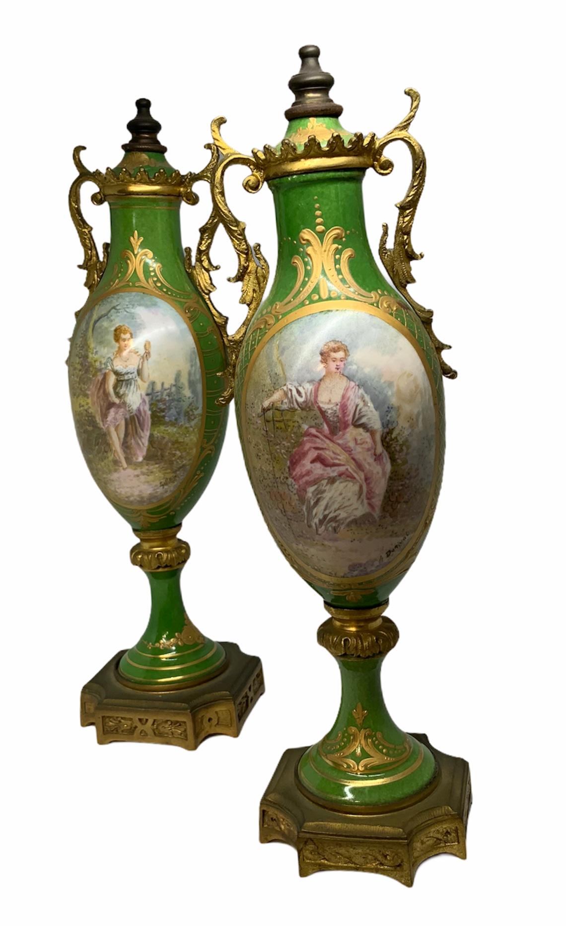 Rococo Pair of French Sevres Style Porcelain Bronze Mounted Urns Vases