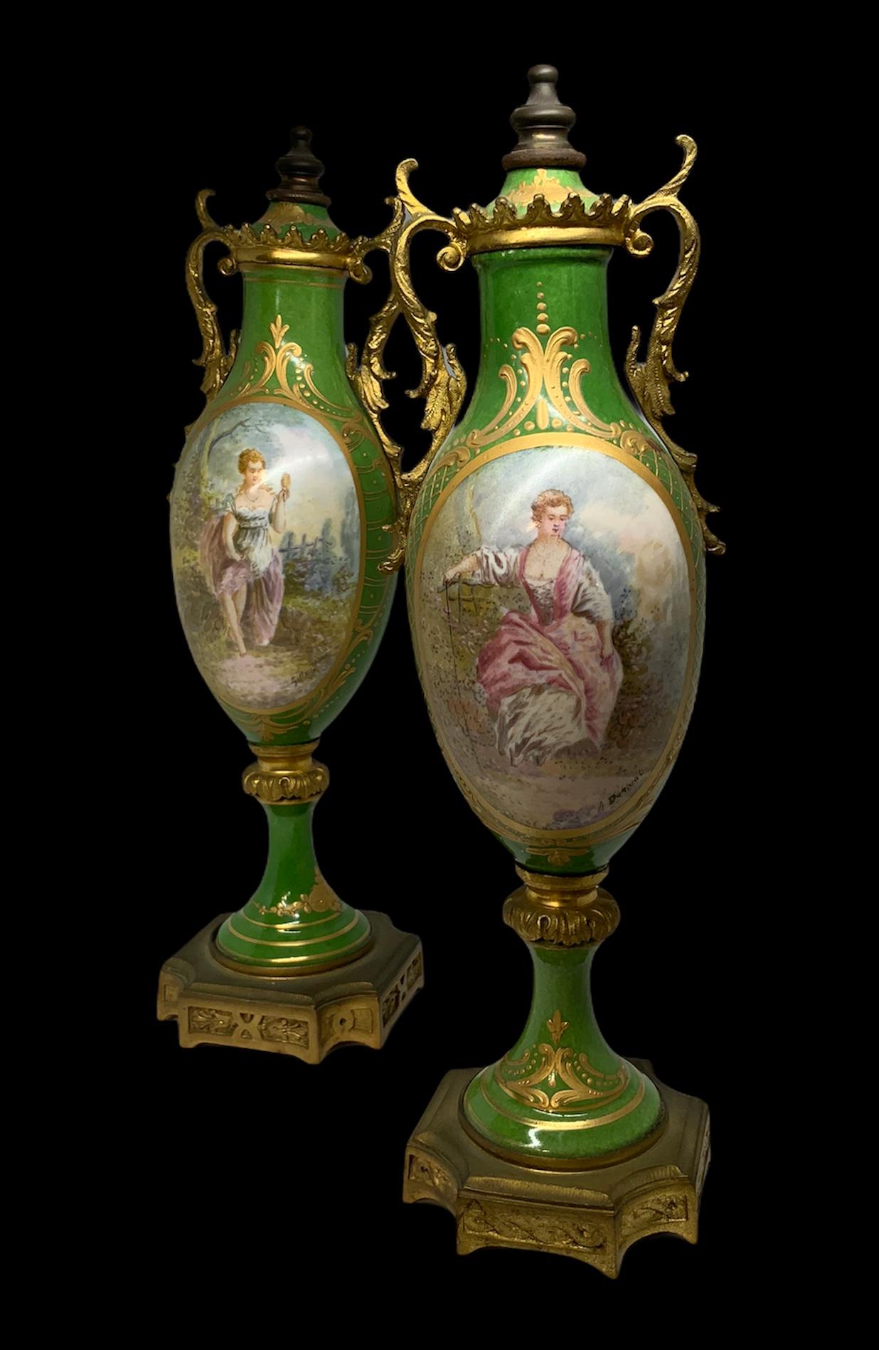 Hand-Painted Pair of French Sevres Style Porcelain Bronze Mounted Urns Vases