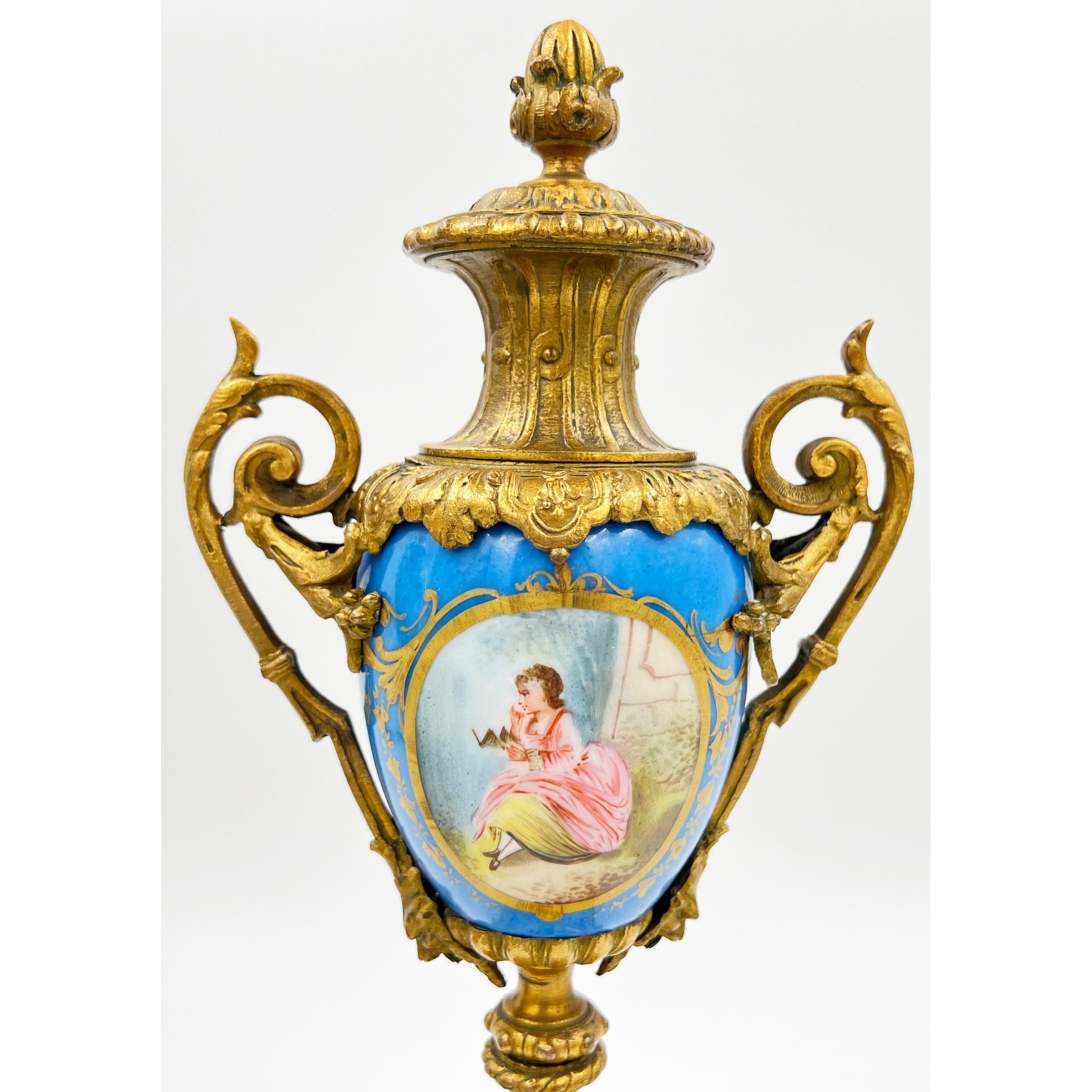 A Pair Of French Sevres Style Porcelain Urns, With Gilt Bronze Mounts For Sale 2